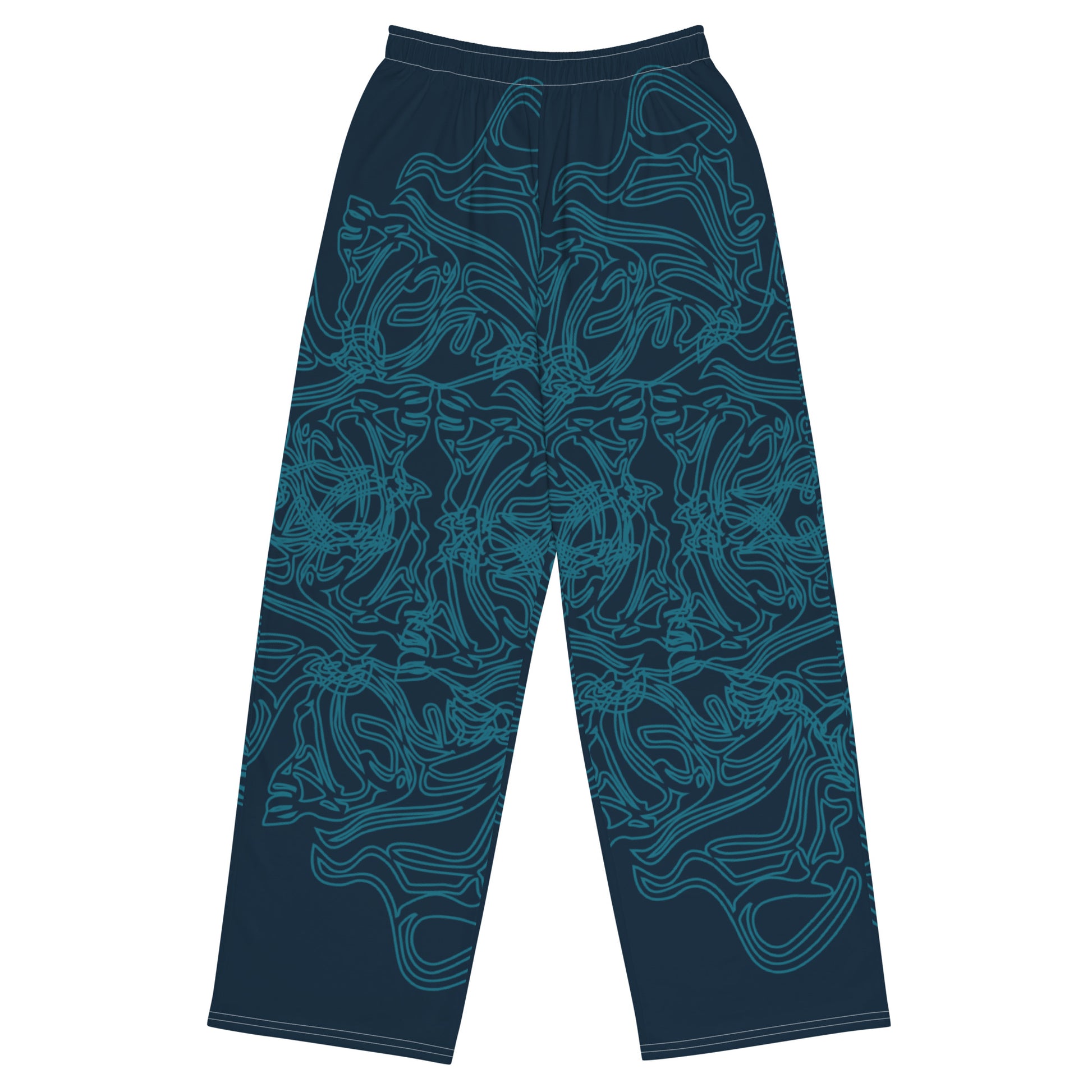 Navy blue wide-leg pants featuring intricate cyan linework, creating a fluid and artistic pattern for a bold statement look.