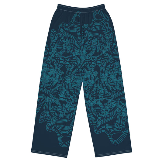 Navy blue wide-leg pants featuring intricate cyan linework, creating a fluid and artistic pattern for a bold statement look.