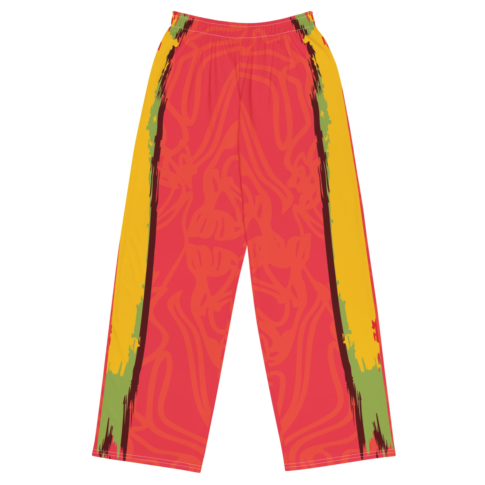 Wide-leg pants with a red base and abstract brushstroke side panels in yellow, green, and black, inspired by bold color play and cultural expression.