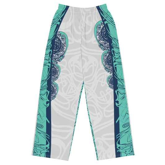 Unisex wide-leg pants with jade and navy abstract print, featuring dynamic spiral patterns and hand-drawn linework for a bold, artistic look.