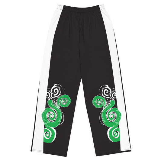 Hand-illustrated unisex wide-leg pants featuring bold green spirals and expressive linework — crafted for standout comfort, movement, and authentic self-expression, exclusive to KLOE.