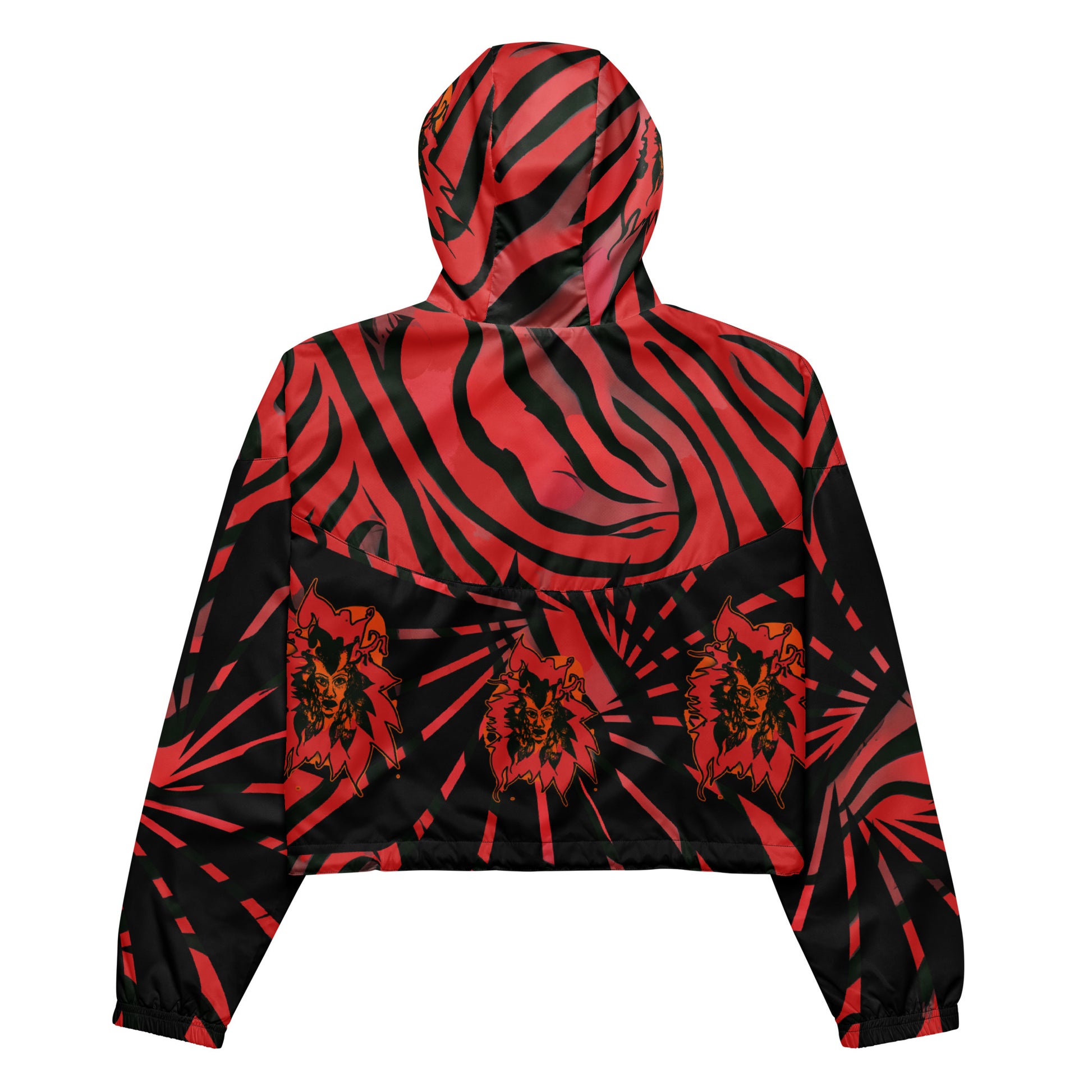 Red and black cropped women's windbreaker from Kloe Store featuring a bold swirling pattern, adjustable drawstring hem, and hood, showcasing trendy and stylish outerwear for modern street fashion, back view.
