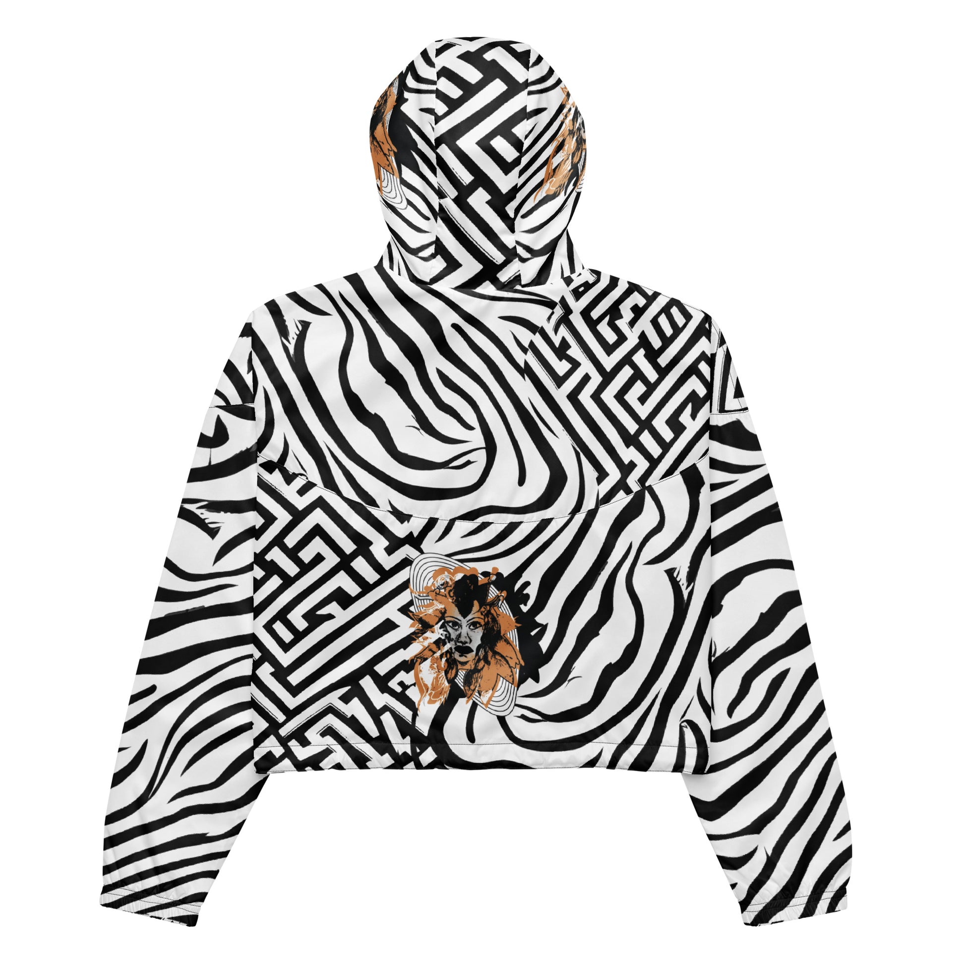 Black and white zebra print cropped windbreaker from Kloe Store featuring bold geometric patterns and an artistic face design, perfect for trendy streetwear fashion with an edgy, modern look, showing the product specifications.
