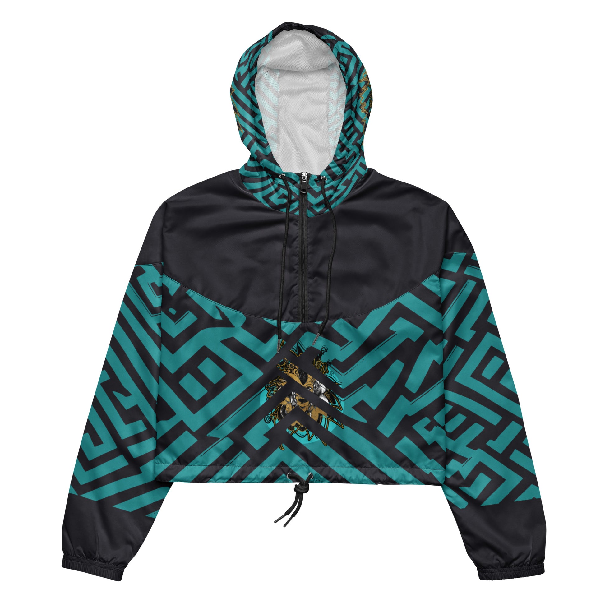 Kloe Store cropped windbreaker with bold green and black geometric patterns.