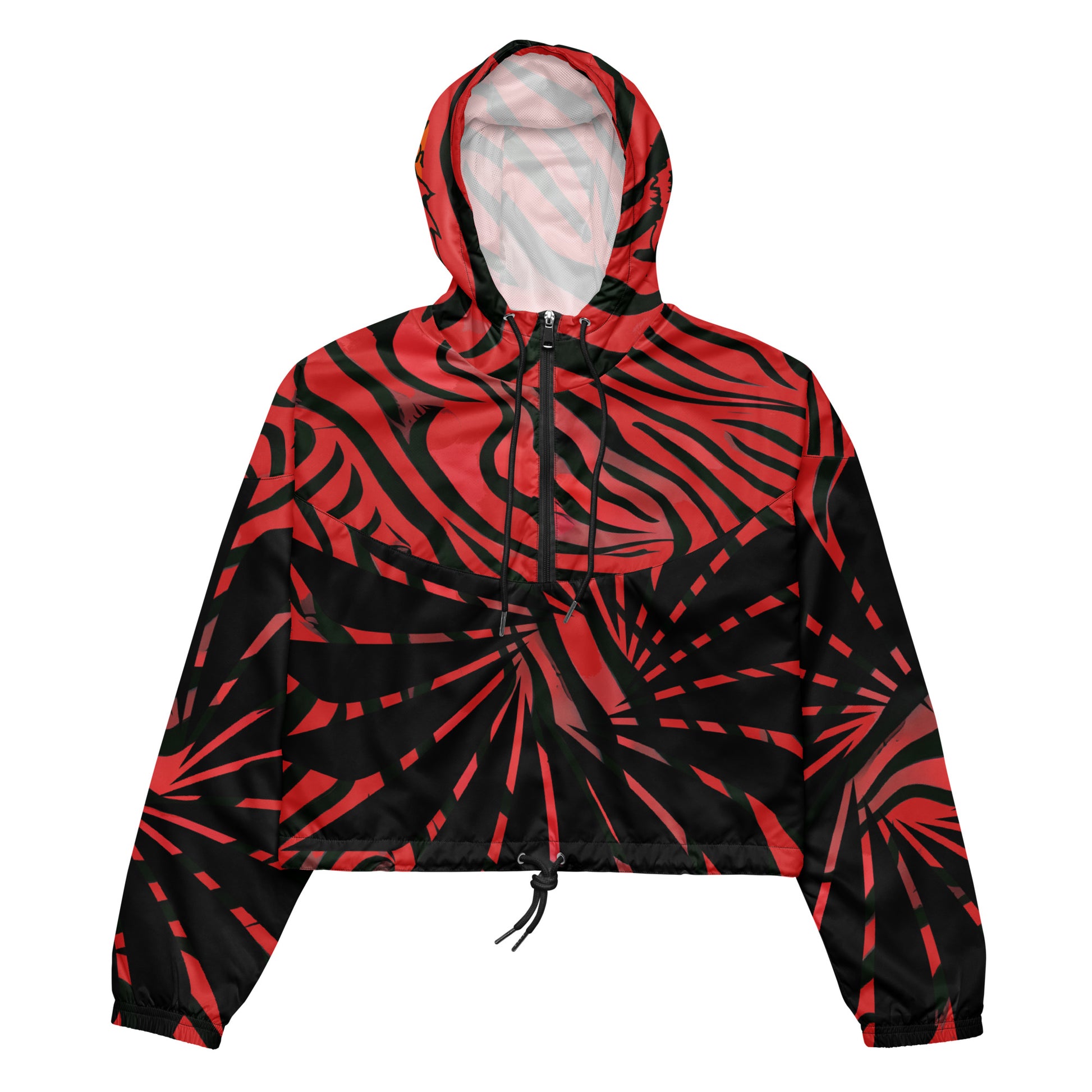 Red and black cropped women's windbreaker from Kloe Store featuring a bold swirling pattern, adjustable drawstring hem, and hood, showcasing trendy and stylish outerwear for modern street fashion.