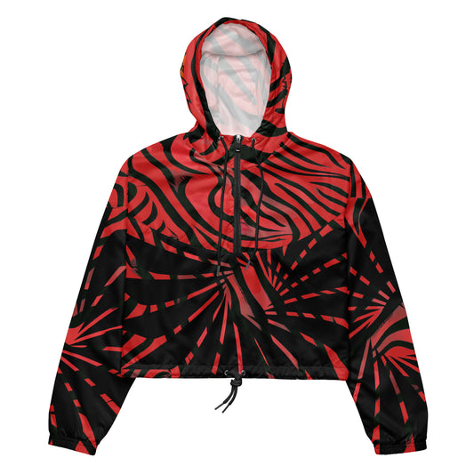 Red and black cropped women's windbreaker from Kloe Store featuring a bold swirling pattern, adjustable drawstring hem, and hood, showcasing trendy and stylish outerwear for modern street fashion.