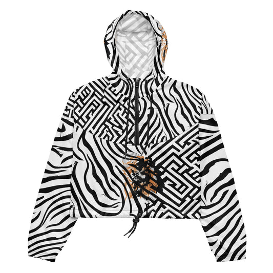 Black and white zebra print cropped windbreaker from Kloe Store featuring bold geometric patterns and an artistic face design, perfect for trendy streetwear fashion with an edgy, modern look.