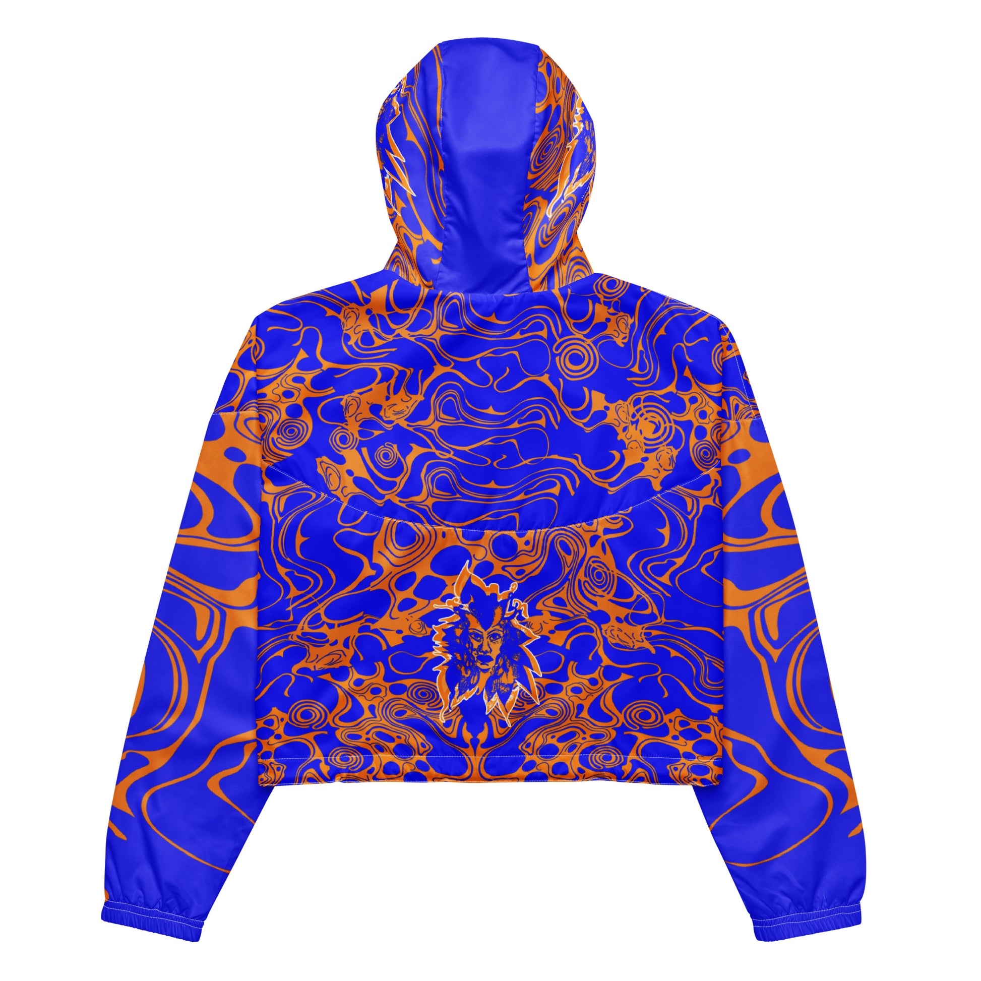Product mockup - vibrant blue and orange cropped windbreaker from Kloe Store featuring abstract swirl pattern, a front zipper, drawstring hood, and elastic cuffs, offering a stylish and modern streetwear look.
