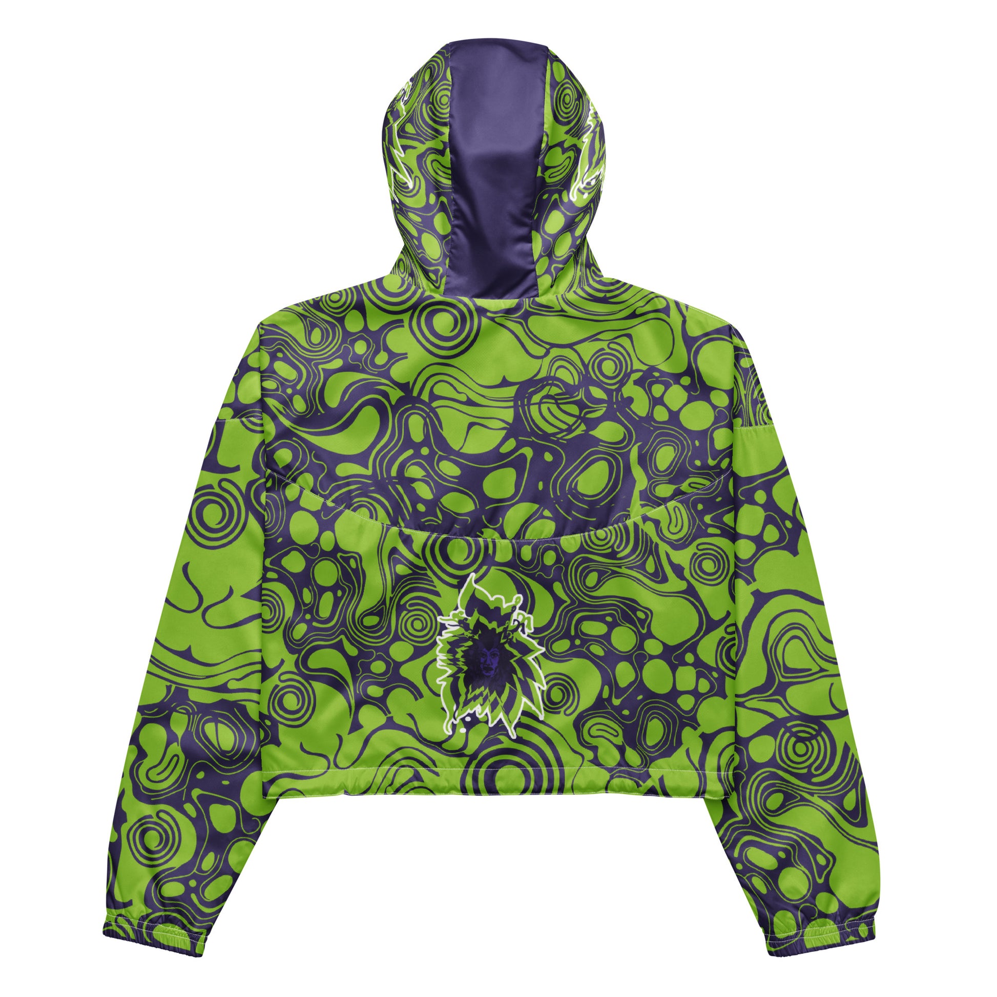 Green and purple cropped windbreaker from Kloe Store featuring bold abstract patterns and a unique artistic face design, ideal for a trendy streetwear look.