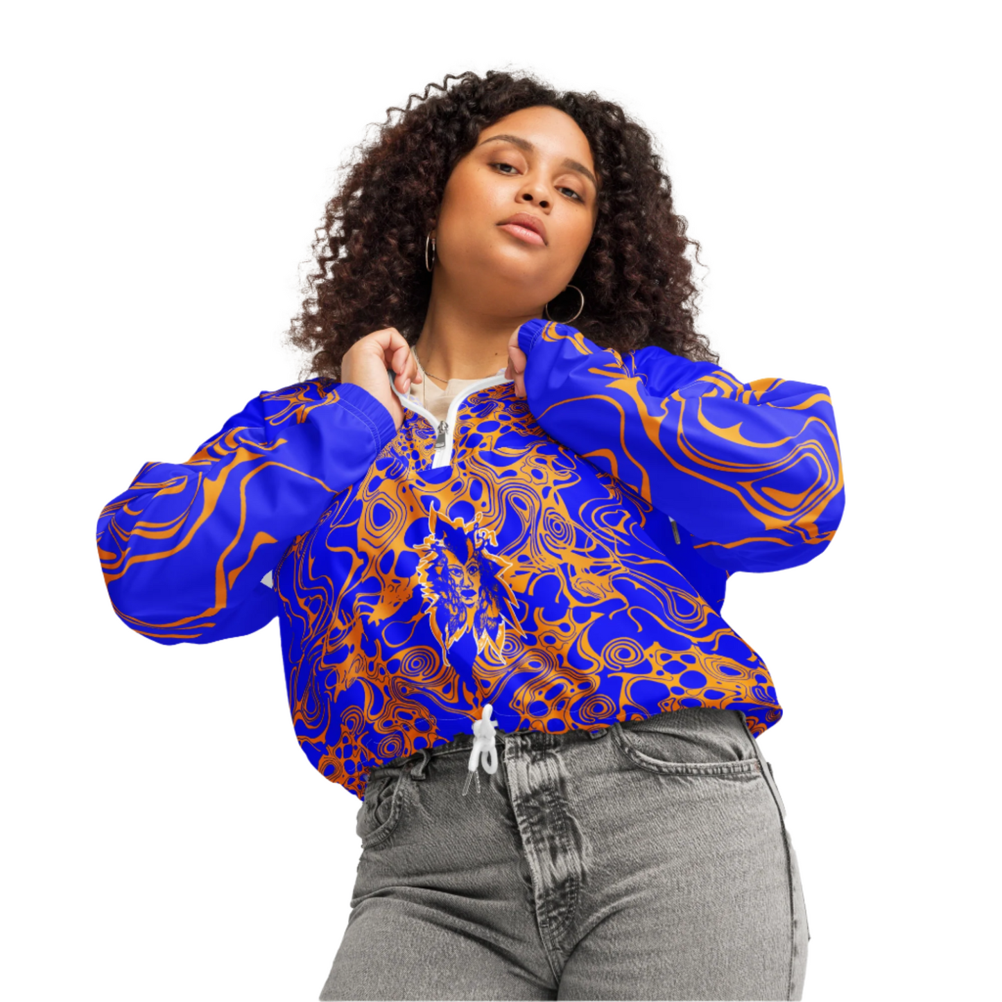 Product mockup - a model wearing vibrant blue and orange cropped windbreaker from Kloe Store featuring abstract swirl pattern, a front zipper, drawstring hood, and elastic cuffs, offering a stylish and modern streetwear look.