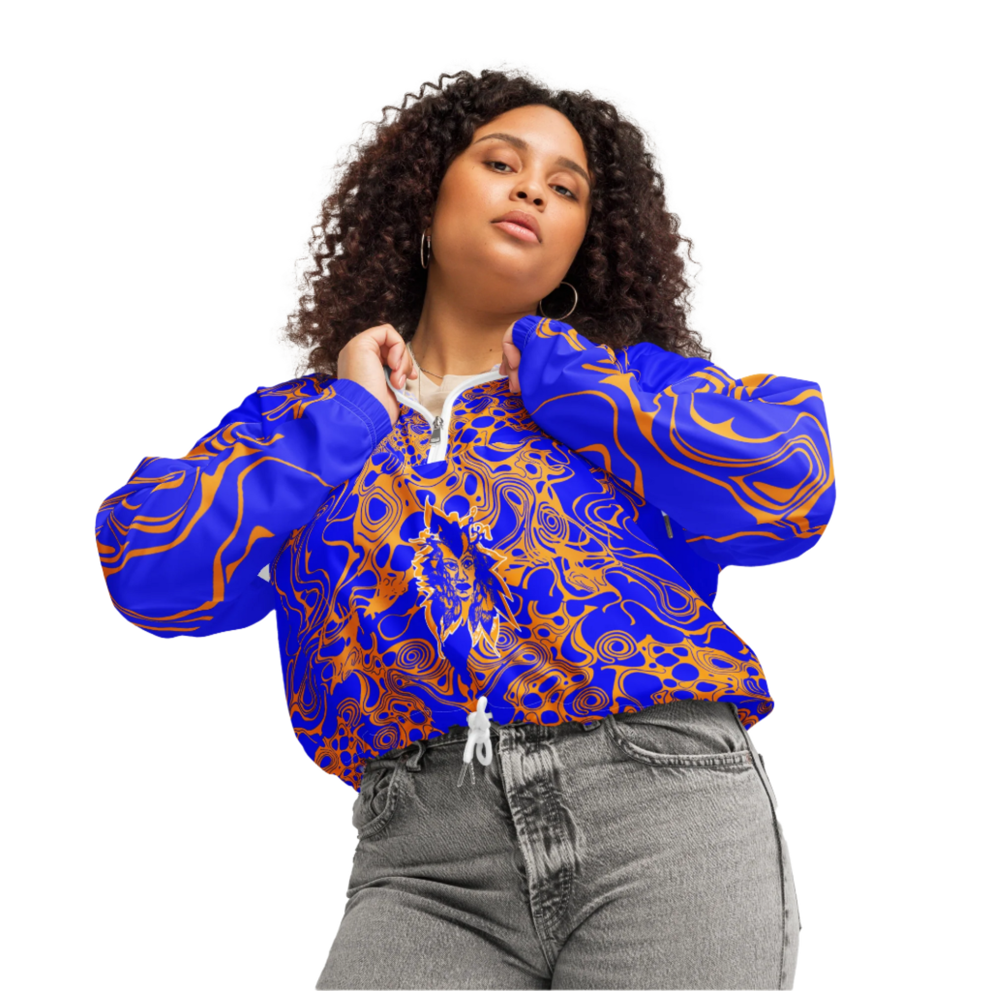 Product mockup - a model wearing vibrant blue and orange cropped windbreaker from Kloe Store featuring abstract swirl pattern, a front zipper, drawstring hood, and elastic cuffs, offering a stylish and modern streetwear look.