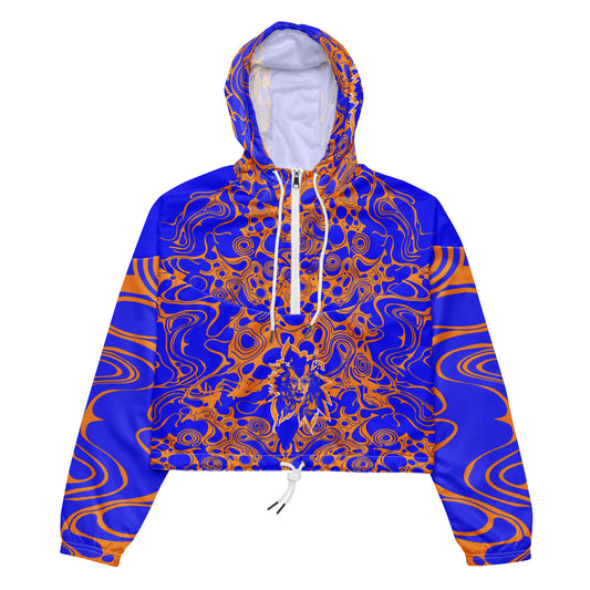 Product mockup - vibrant blue and orange cropped windbreaker from Kloe Store featuring abstract swirl pattern, a front zipper, drawstring hood, and elastic cuffs, offering a stylish and modern streetwear look.