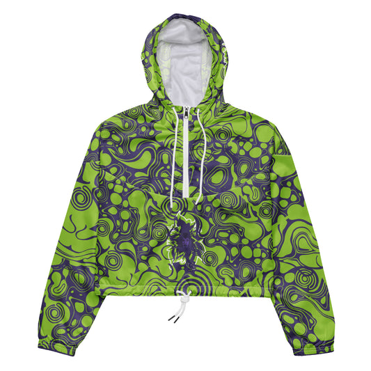 Green and purple cropped windbreaker from Kloe Store featuring bold abstract patterns and a unique artistic face design, ideal for a trendy streetwear look.