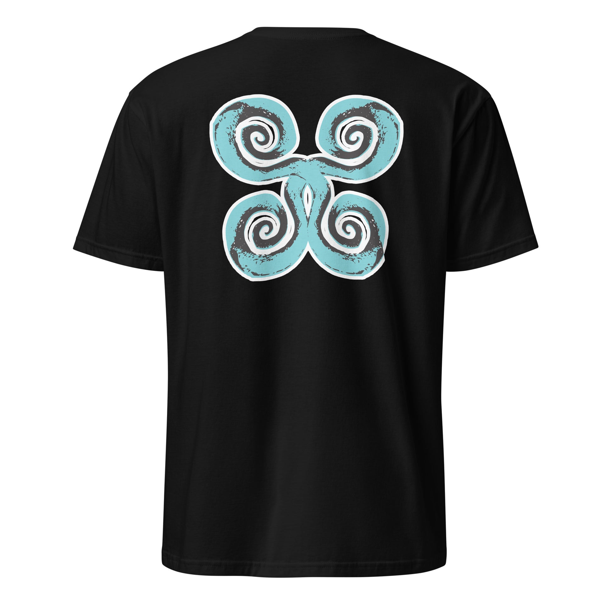 Back of black K.L.O.E. t-shirt with a bold, artistic design featuring four interconnected spirals in black and teal, inspired by cultural symbolism and bohemian artistry.