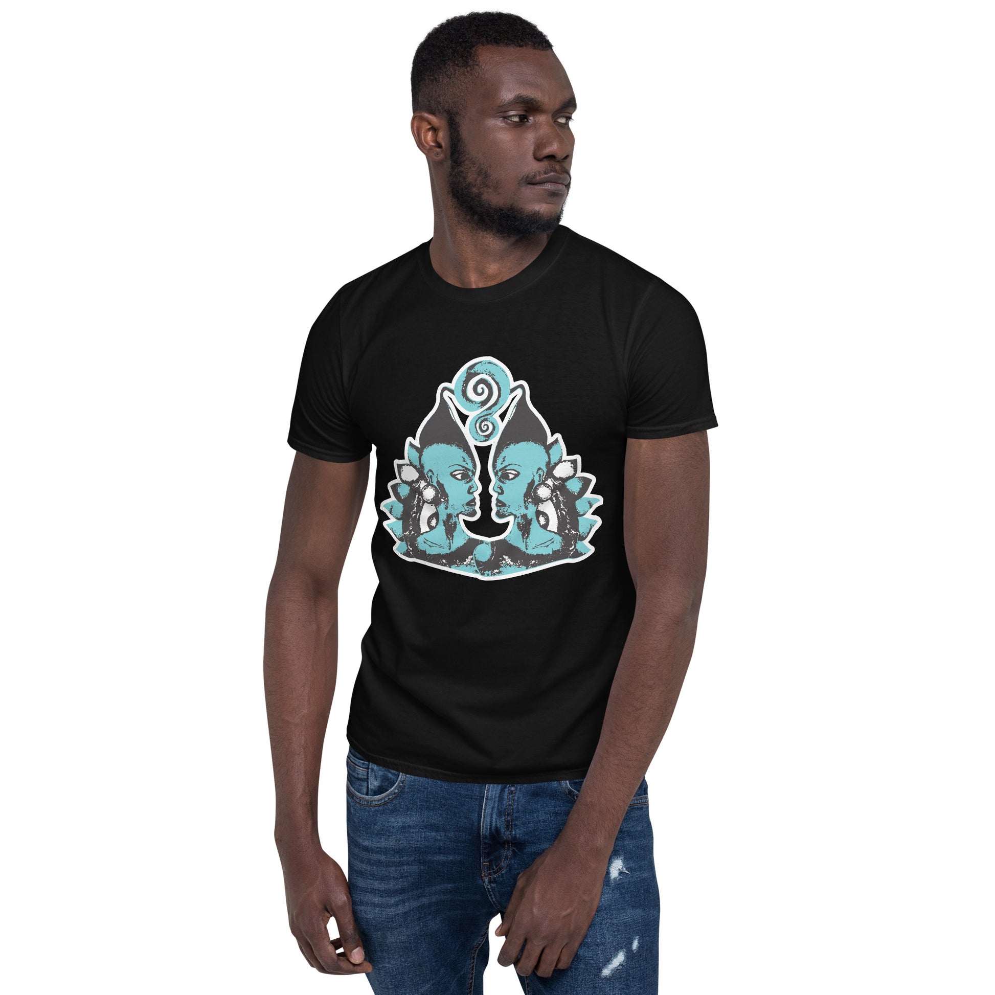 A model wearing black K.L.O.E. t-shirt showcasing a hand-drawn design of two mirrored faces in black and teal, embodying culturally inspired, bohemian style fashion focused on individuality and artistic expression.