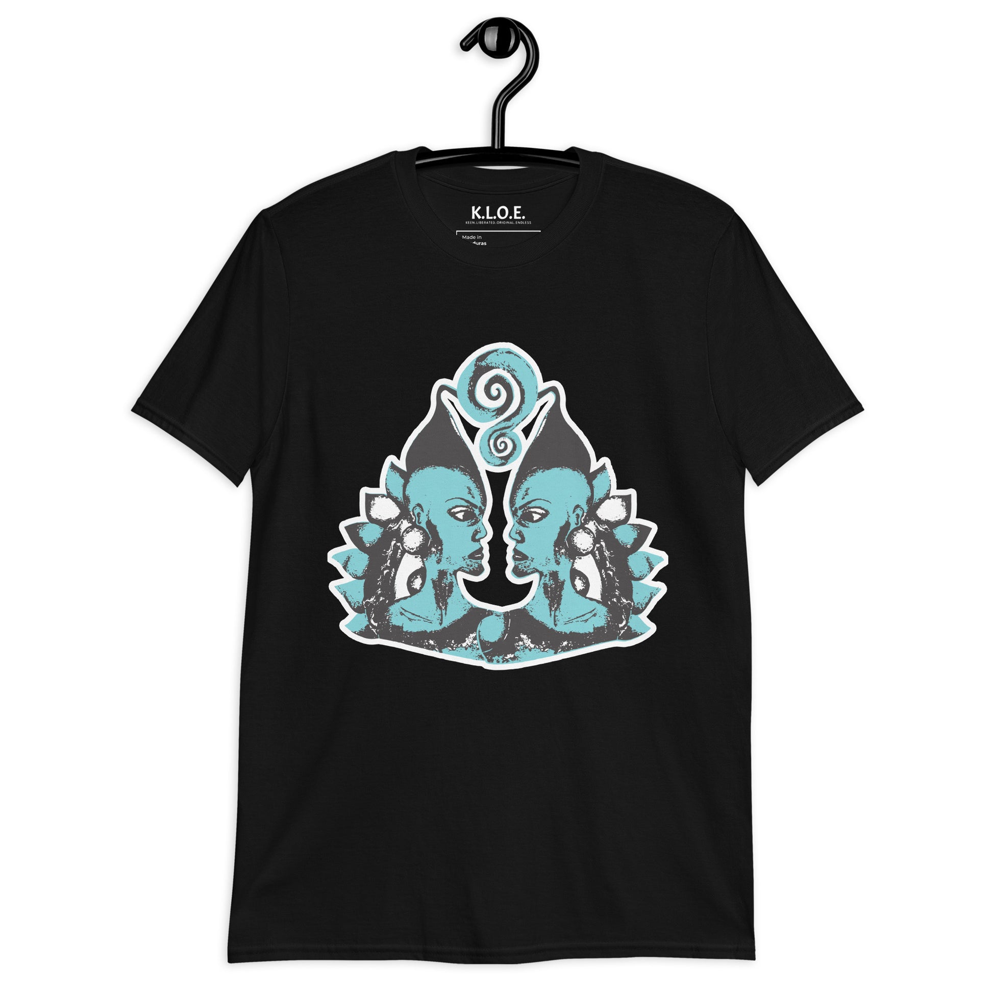 Front of black K.L.O.E. t-shirt, on 
 a hanger, showcasing a hand-drawn design of two mirrored faces in black and teal, embodying culturally inspired, bohemian style fashion focused on individuality and artistic expression.