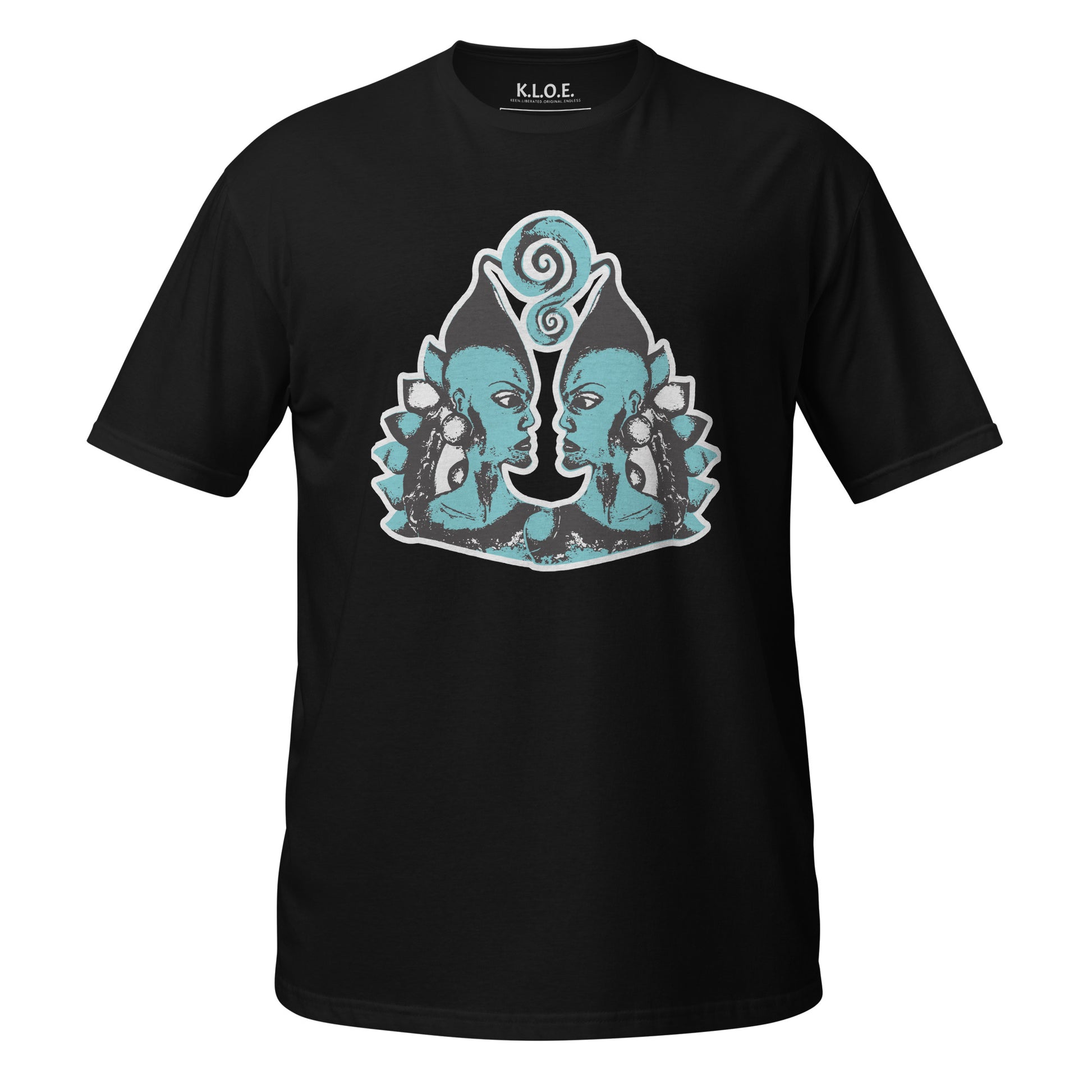 Front of black K.L.O.E. t-shirt showcasing a hand-drawn design of two mirrored faces in black and teal, embodying culturally inspired, bohemian style fashion focused on individuality and artistic expression.
