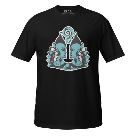 Front of black K.L.O.E. t-shirt showcasing a hand-drawn design of two mirrored faces in black and teal, embodying culturally inspired, bohemian style fashion focused on individuality and artistic expression.