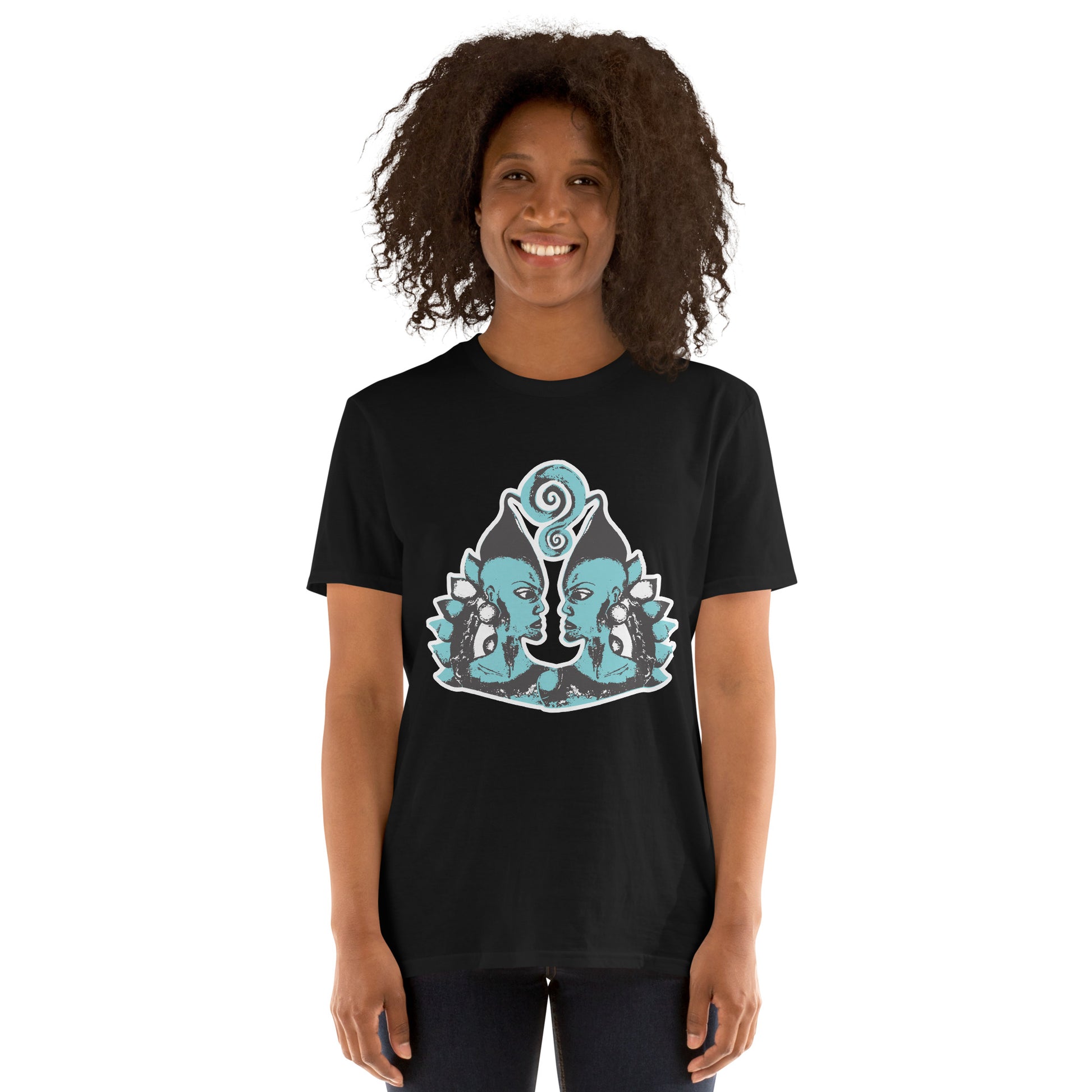 A model wearing black K.L.O.E. t-shirt showcasing a hand-drawn design of two mirrored faces in black and teal, embodying culturally inspired, bohemian style fashion focused on individuality and artistic expression.