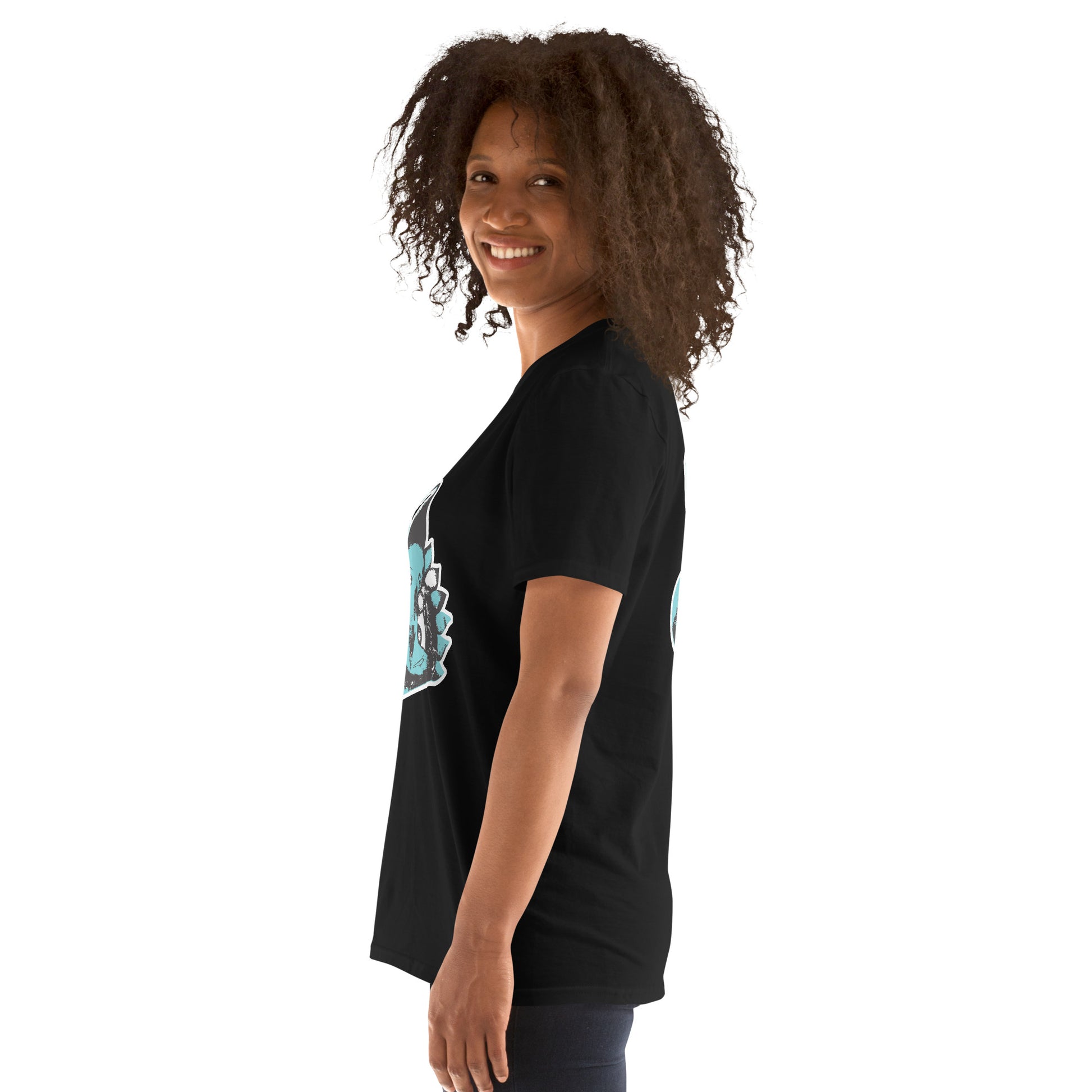 A model wearing black K.L.O.E. t-shirt showcasing a hand-drawn design of two mirrored faces in black and teal, embodying culturally inspired, bohemian style fashion focused on individuality and artistic expression, side view.