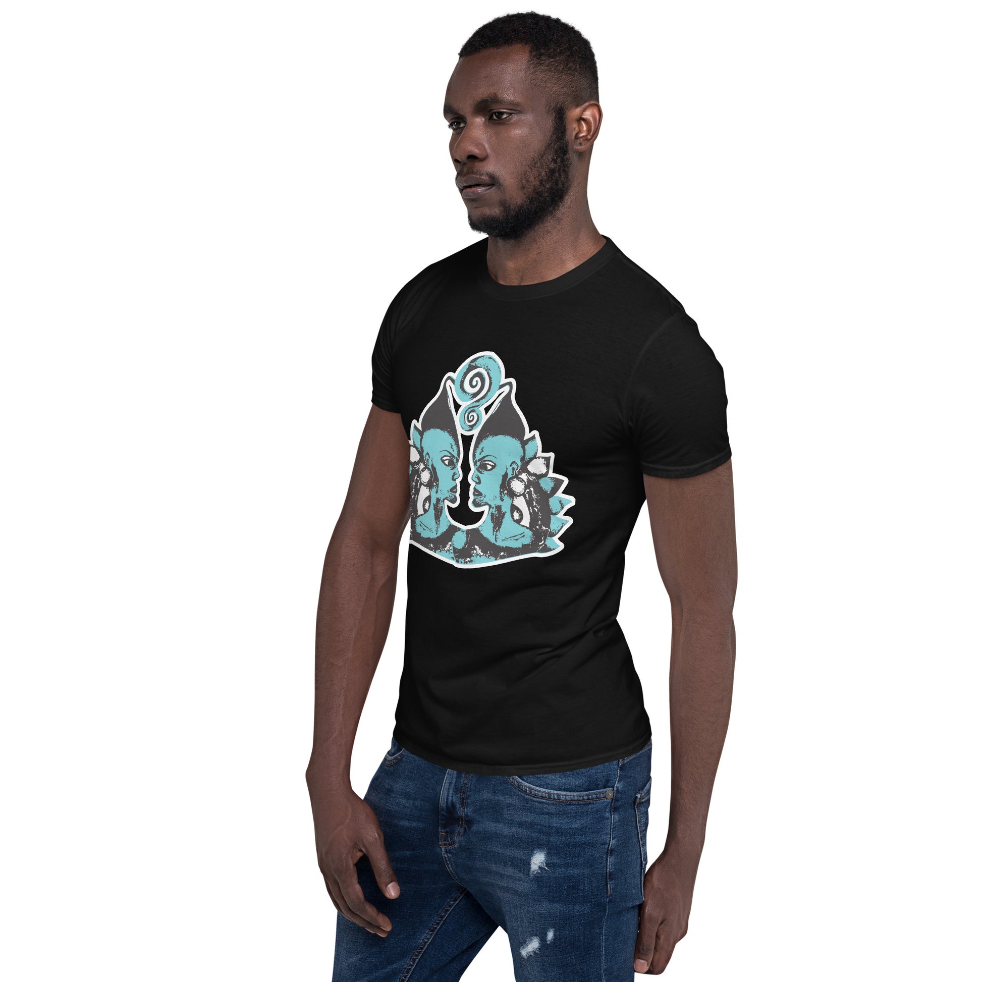 A model wearing black K.L.O.E. t-shirt showcasing a hand-drawn design of two mirrored faces in black and teal, embodying culturally inspired, bohemian style fashion focused on individuality and artistic expression.