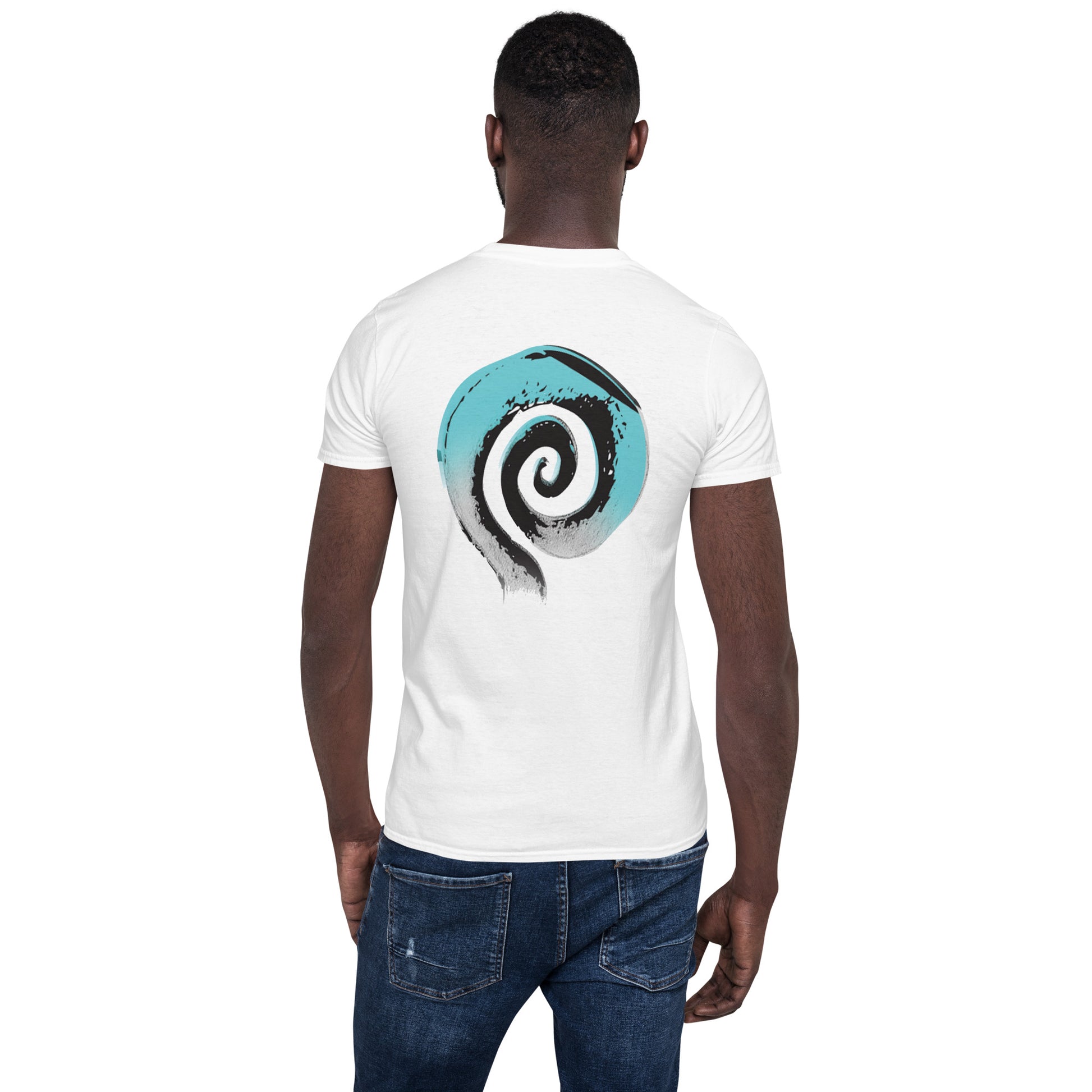 Back of white K.L.O.E. t-shirt featuring a bold, hand-drawn spiral design in black and teal, inspired by global art motifs and symbolizing expressive, culturally inspired fashion, worn by a male model.