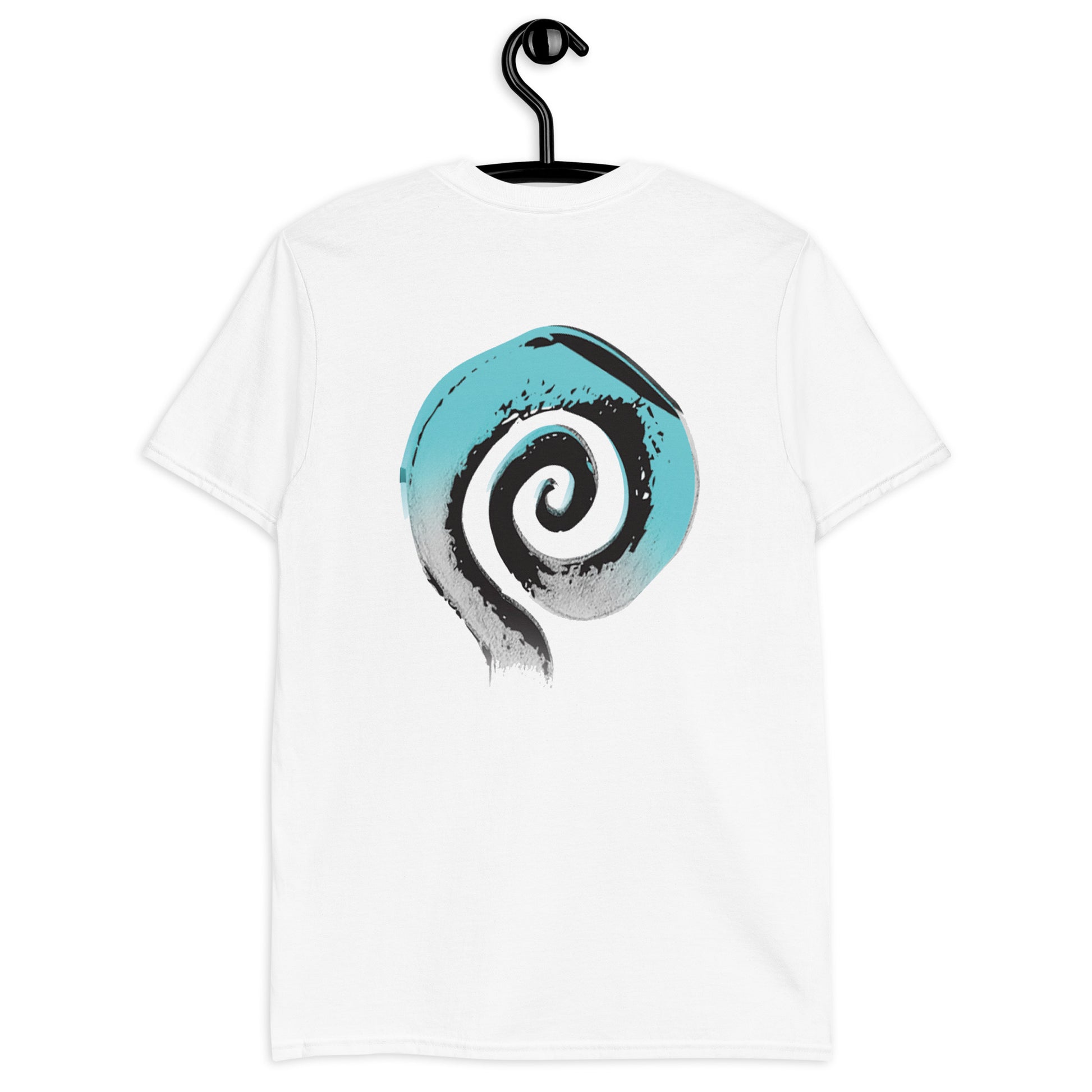 Back of white K.L.O.E. t-shirt, on a hanger, featuring a bold, hand-drawn spiral design in black and teal, inspired by global art motifs and symbolizing expressive, culturally inspired fashion.