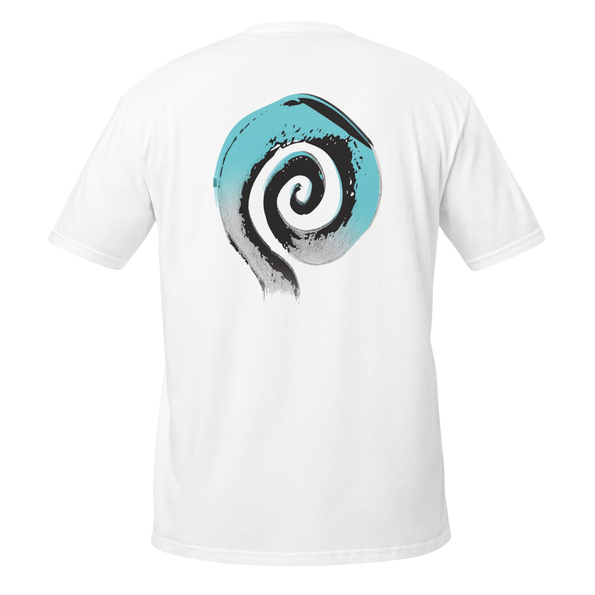 Back of white K.L.O.E. t-shirt featuring a bold, hand-drawn spiral design in black and teal, inspired by global art motifs and symbolizing expressive, culturally inspired fashion.