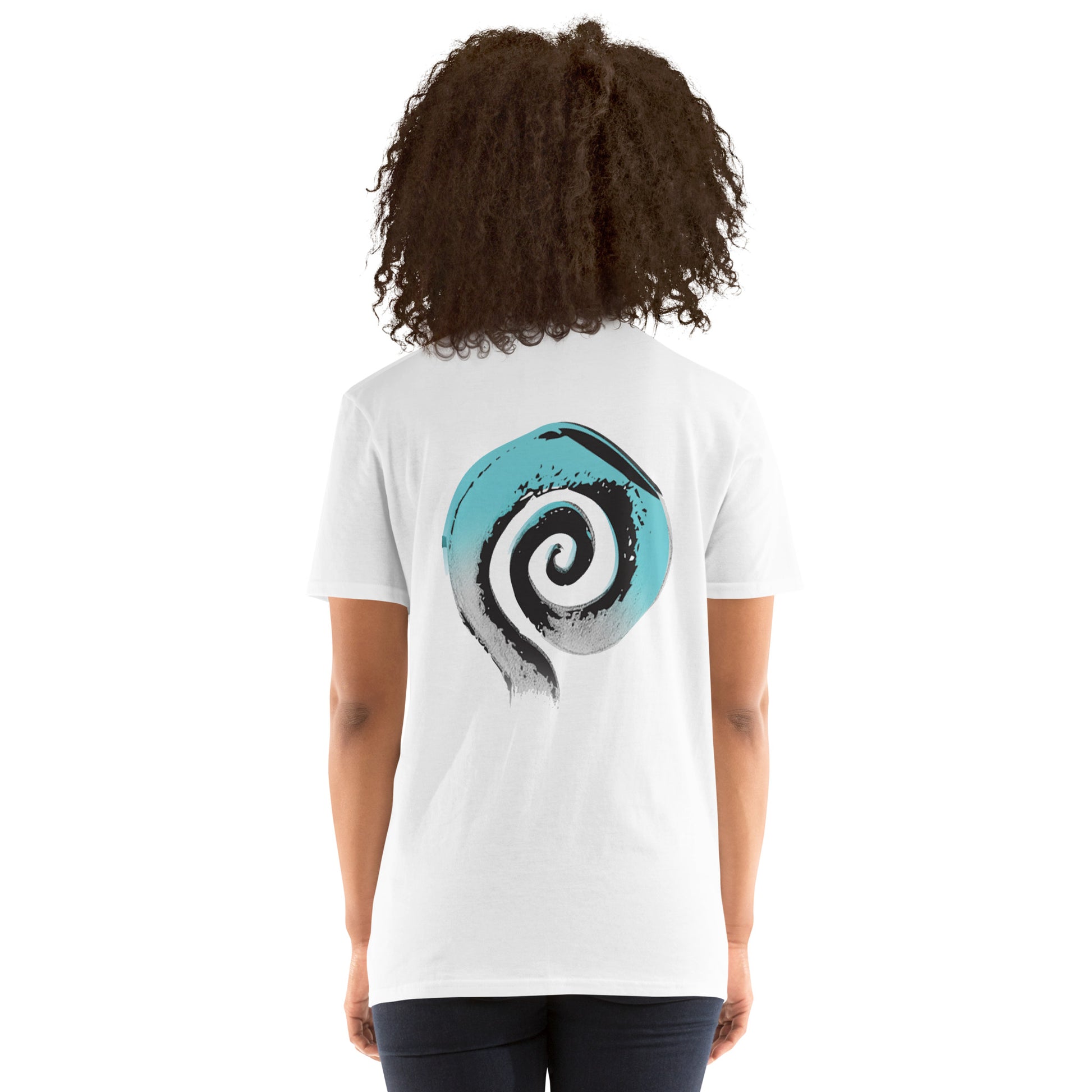 Back of white K.L.O.E. t-shirt featuring a bold, hand-drawn spiral design in black and teal, inspired by global art motifs and symbolizing expressive, culturally inspired fashion, worn by a model.