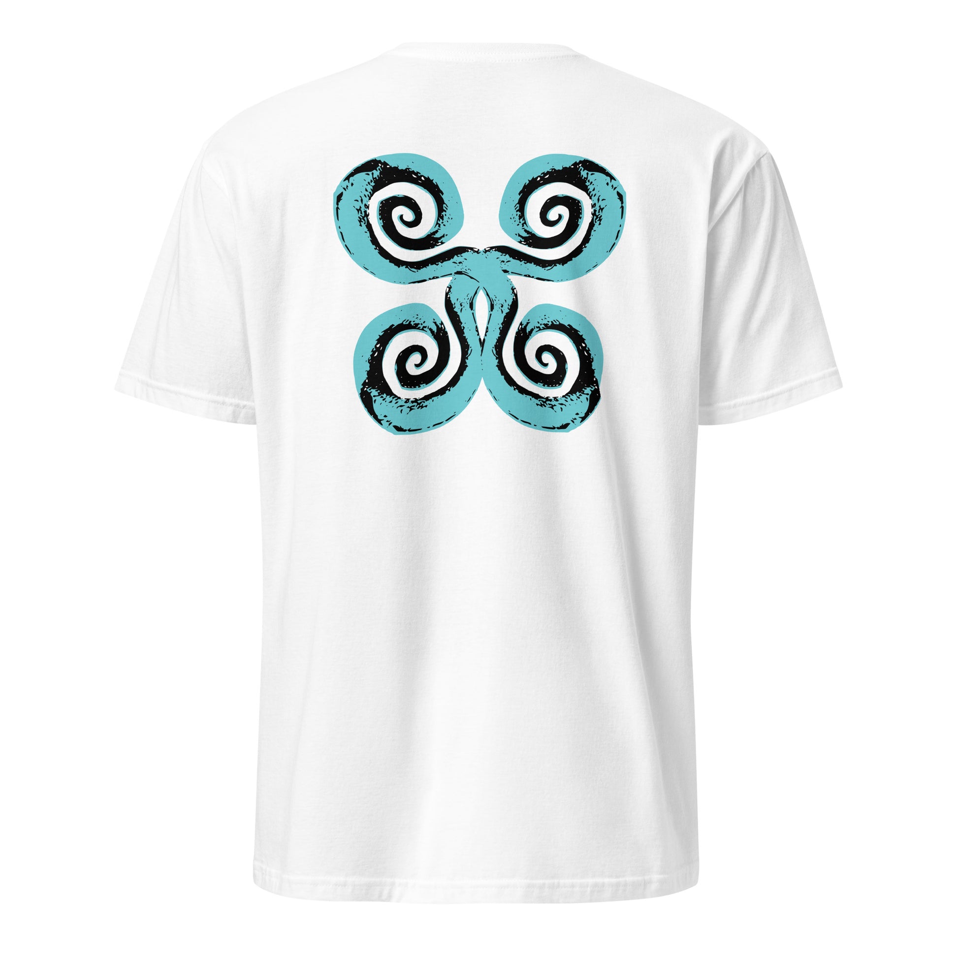 Back of white K.L.O.E. t-shirt with a bold, artistic design featuring four interconnected spirals in black and teal, inspired by cultural symbolism and bohemian artistry.