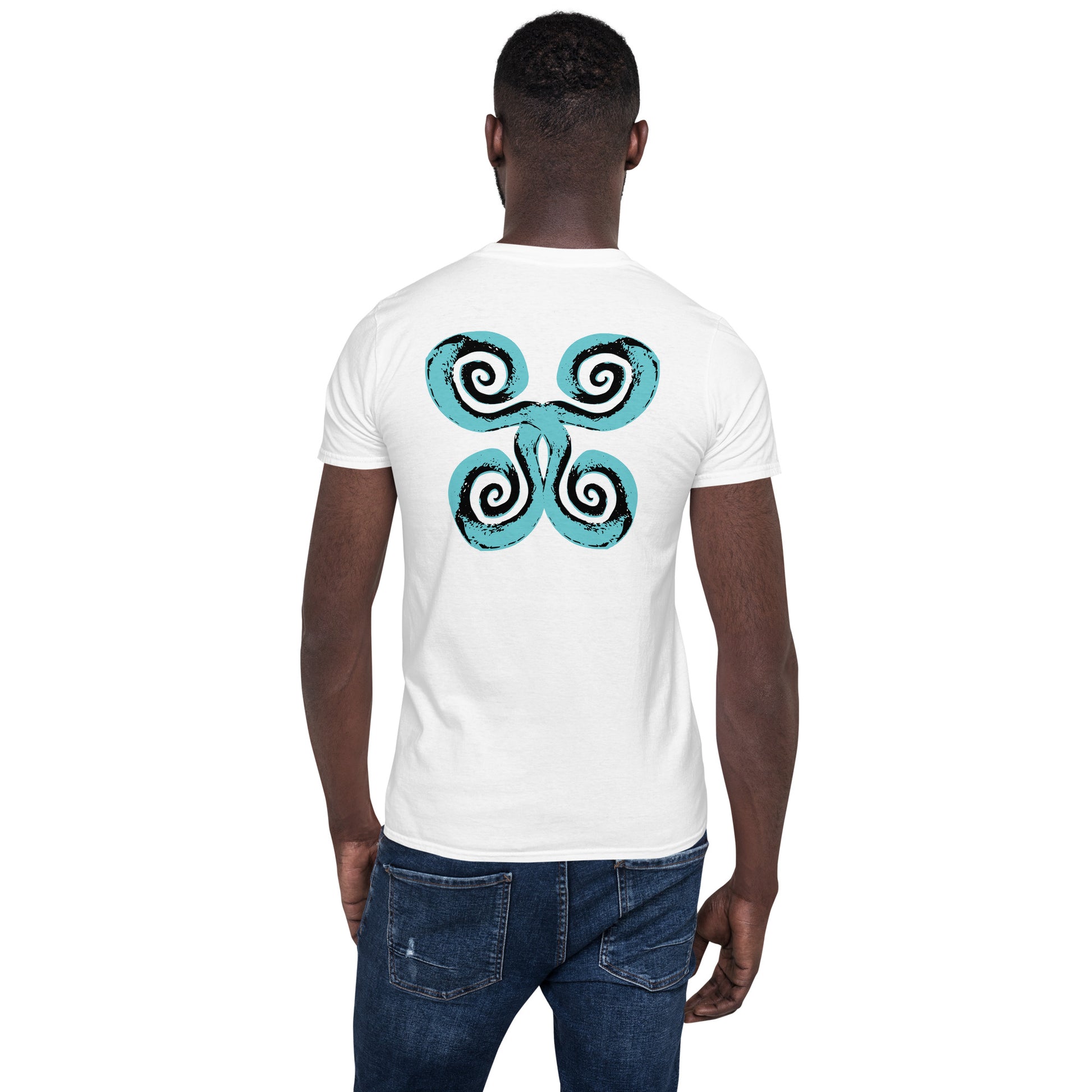Back of white K.L.O.E. t-shirt with a bold, artistic design featuring four interconnected spirals in black and teal, inspired by cultural symbolism and bohemian artistry, worn by a male model.