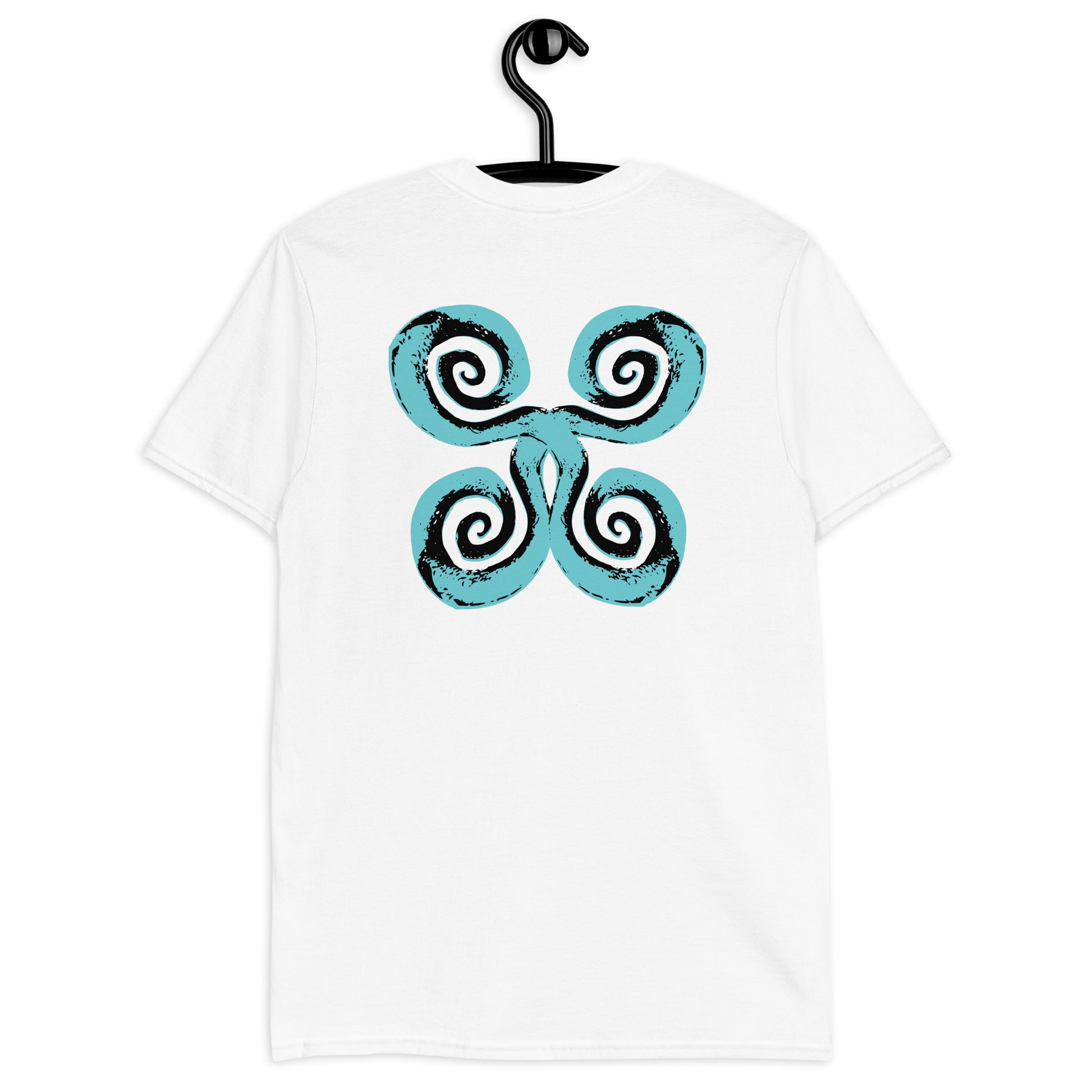 Back of white K.L.O.E. t-shirt, on a hanger, with a bold, artistic design featuring four interconnected spirals in black and teal, inspired by cultural symbolism and bohemian artistry.