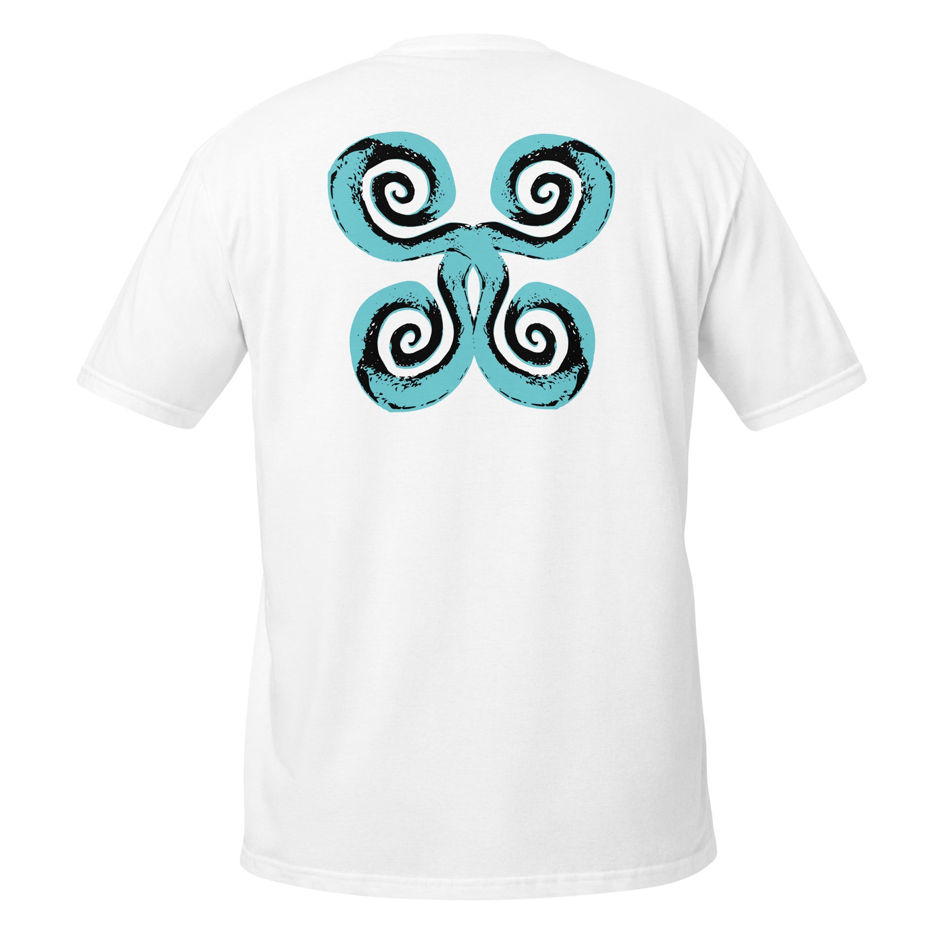 Back of white K.L.O.E. t-shirt with a bold, artistic design featuring four interconnected spirals in black and teal, inspired by cultural symbolism and bohemian artistry.