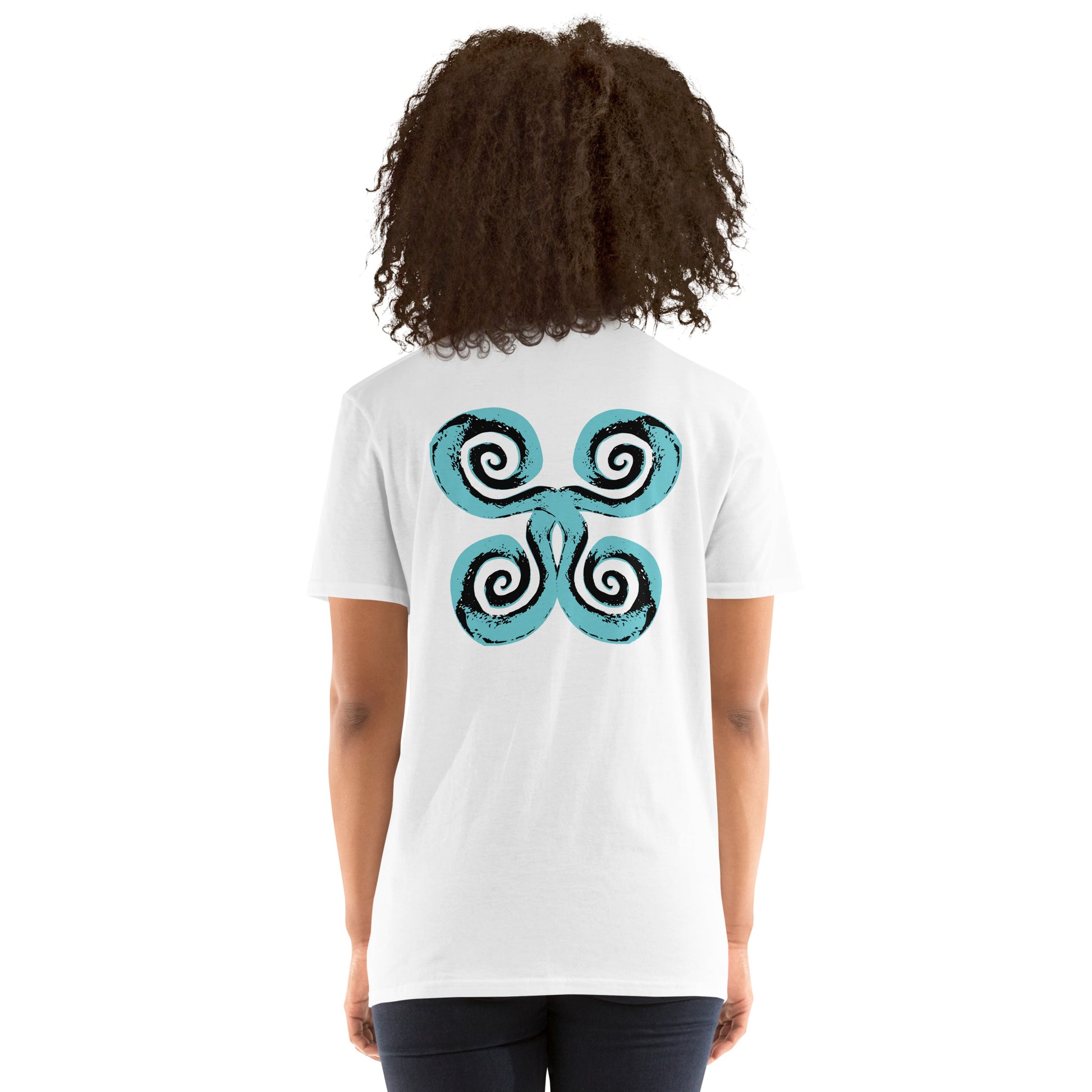 Back of white K.L.O.E. t-shirt with a bold, artistic design featuring four interconnected spirals in black and teal, inspired by cultural symbolism and bohemian artistry, worn by a model.
