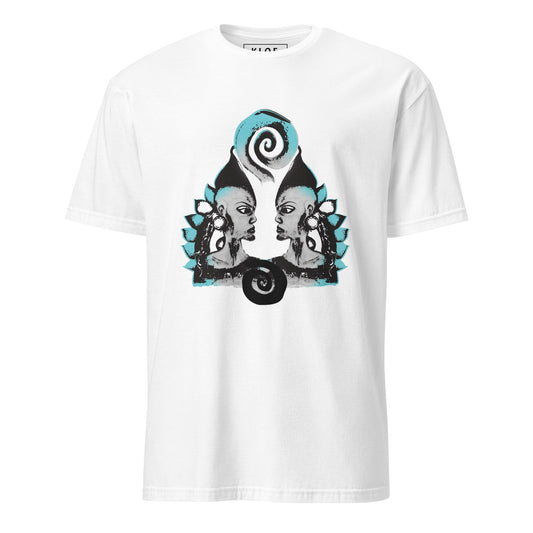 White K.L.O.E. t-shirt featuring a culturally inspired, hand-drawn design of two mirrored faces with bold, artistic details in black and teal, symbolizing self-expression and individuality in bohemian style clothing.