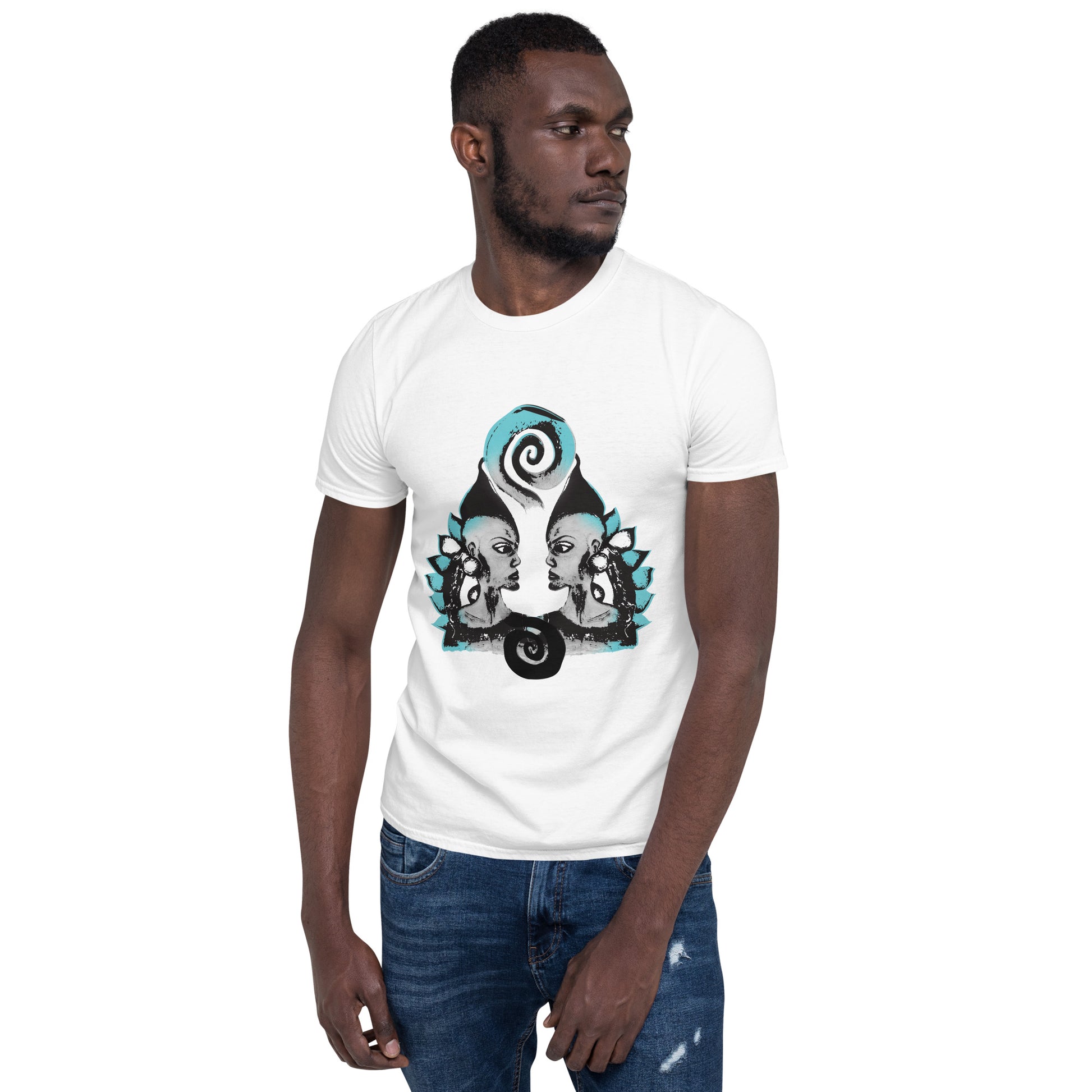 A male model wearing white K.L.O.E. t-shirt featuring a culturally inspired, hand-drawn design of two mirrored faces with bold, artistic details in black and teal, symbolizing self-expression and individuality in bohemian style clothing.