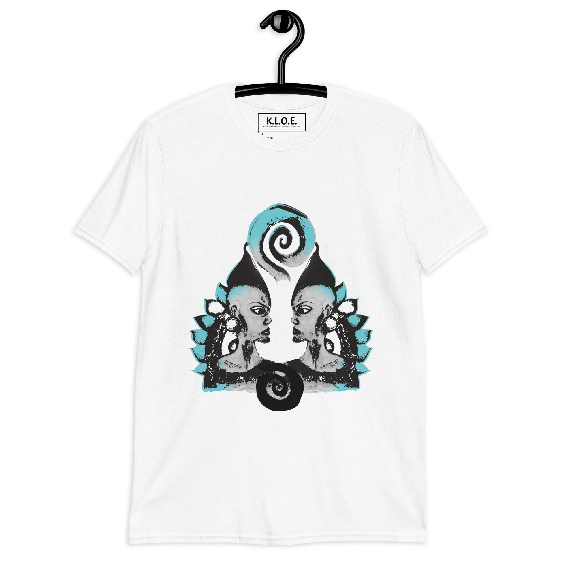 White K.L.O.E. t-shirt on a hanger, featuring a culturally inspired, hand-drawn design of two mirrored faces with bold, artistic details in black and teal, symbolizing self-expression and individuality in bohemian style clothing.