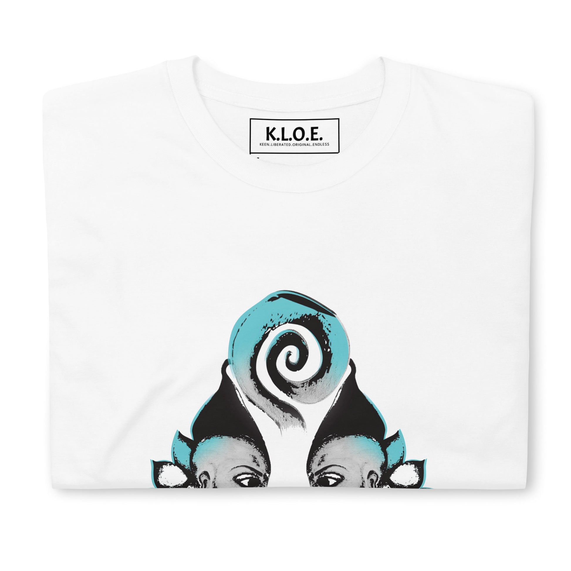 White K.L.O.E. t-shirt featuring a culturally inspired, hand-drawn design of two mirrored faces with bold, artistic details in black and teal, symbolizing self-expression and individuality in bohemian style clothing, folded, showing the inside label.