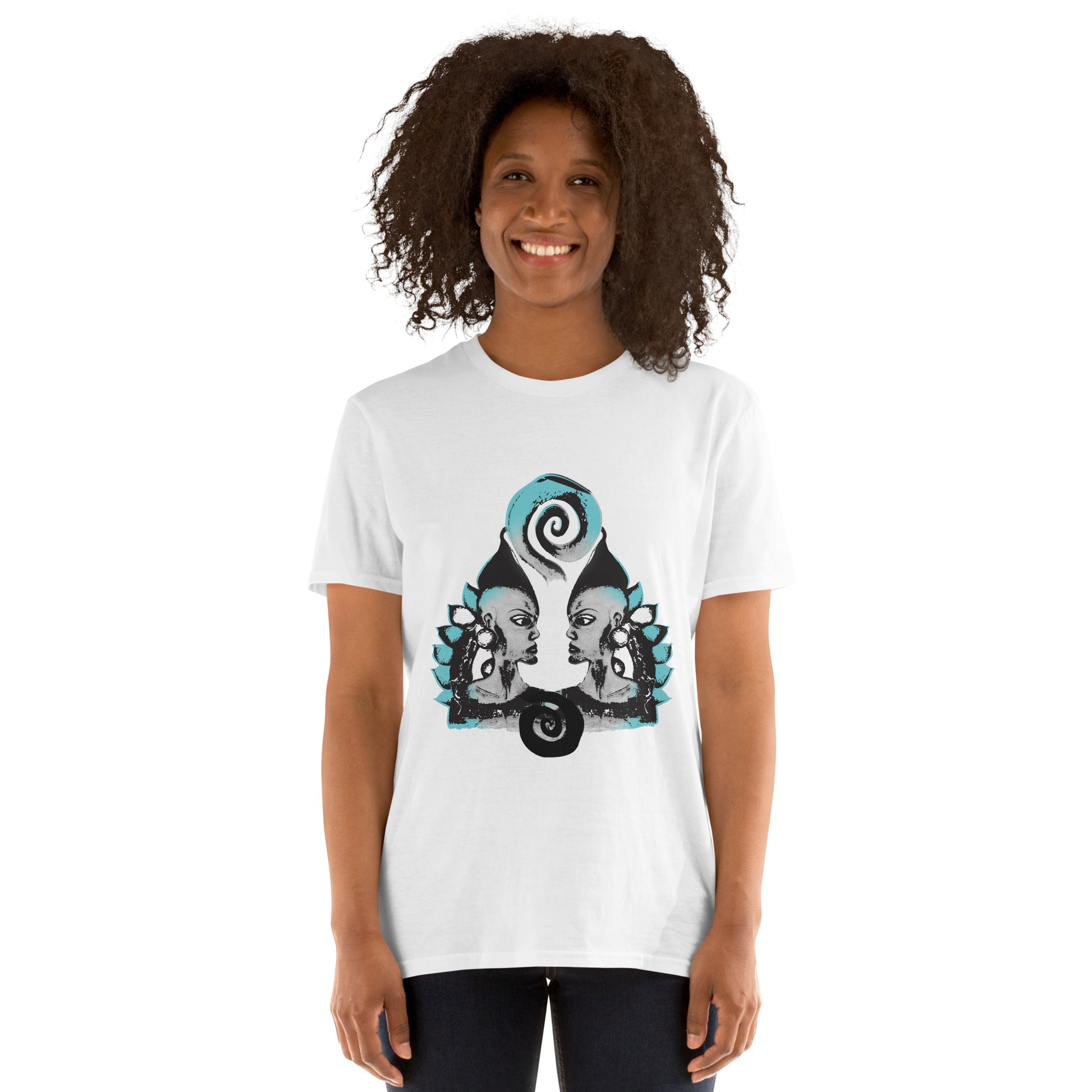 A model wearing white K.L.O.E. t-shirt featuring a culturally inspired, hand-drawn design of two mirrored faces with bold, artistic details in black and teal, symbolizing self-expression and individuality in bohemian style clothing.