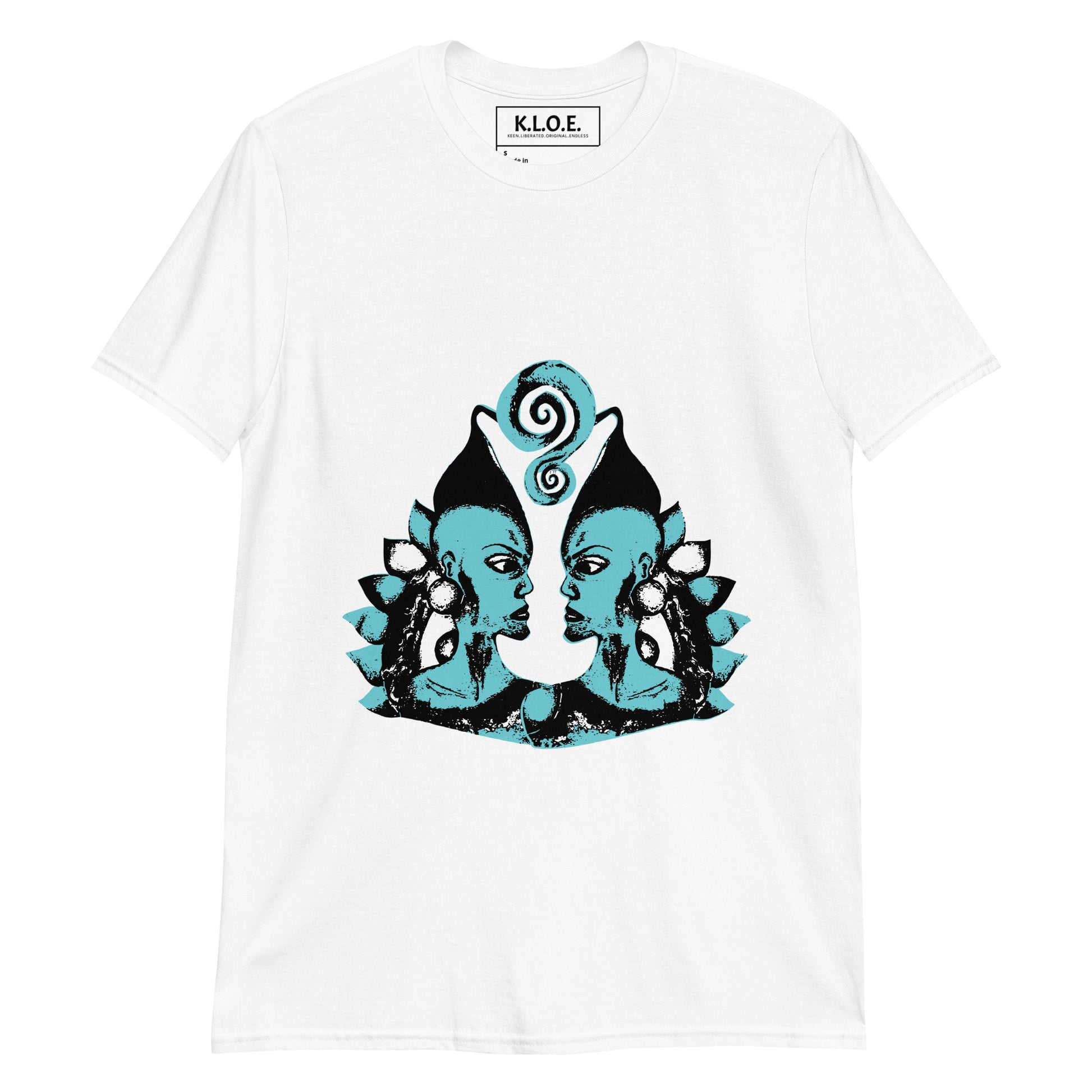 Front of white K.L.O.E. t-shirt showcasing a hand-drawn design of two mirrored faces in black and teal, embodying culturally inspired, bohemian style fashion focused on individuality and artistic expression.