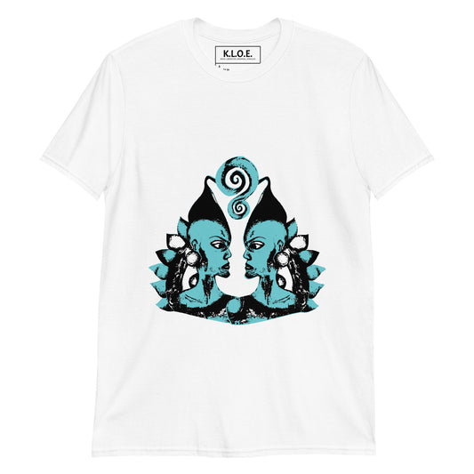 Front of white K.L.O.E. t-shirt showcasing a hand-drawn design of two mirrored faces in black and teal, embodying culturally inspired, bohemian style fashion focused on individuality and artistic expression.