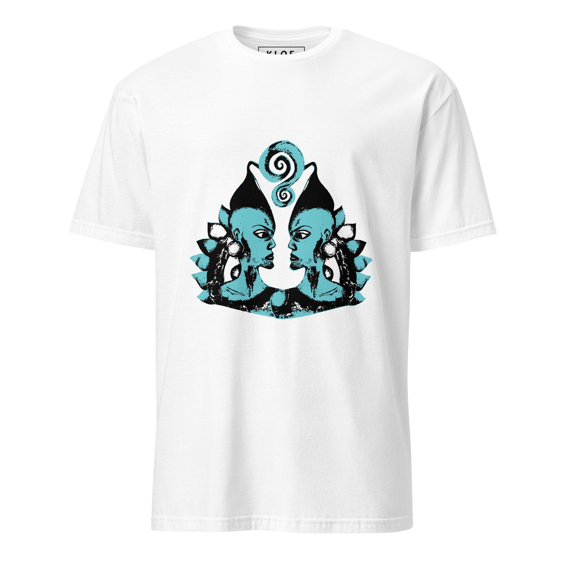 Front of white K.L.O.E. t-shirt showcasing a hand-drawn design of two mirrored faces in black and teal, embodying culturally inspired, bohemian style fashion focused on individuality and artistic expression.