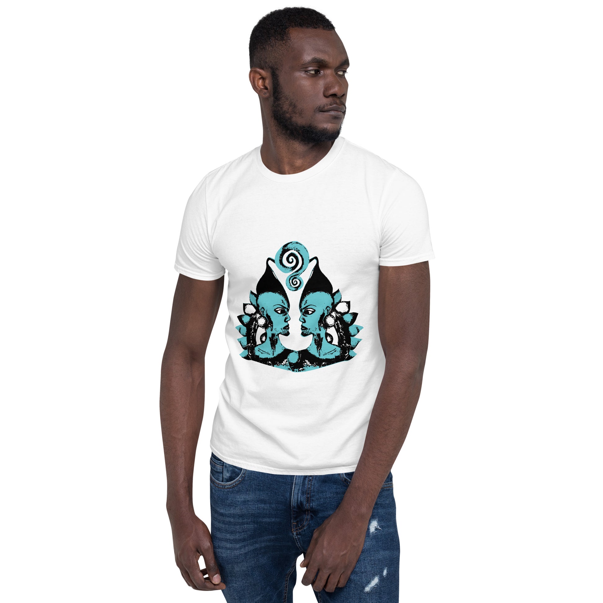 A male model wearing white K.L.O.E. t-shirt showcasing a hand-drawn design of two mirrored faces in black and teal, embodying culturally inspired, bohemian style fashion focused on individuality and artistic expression.