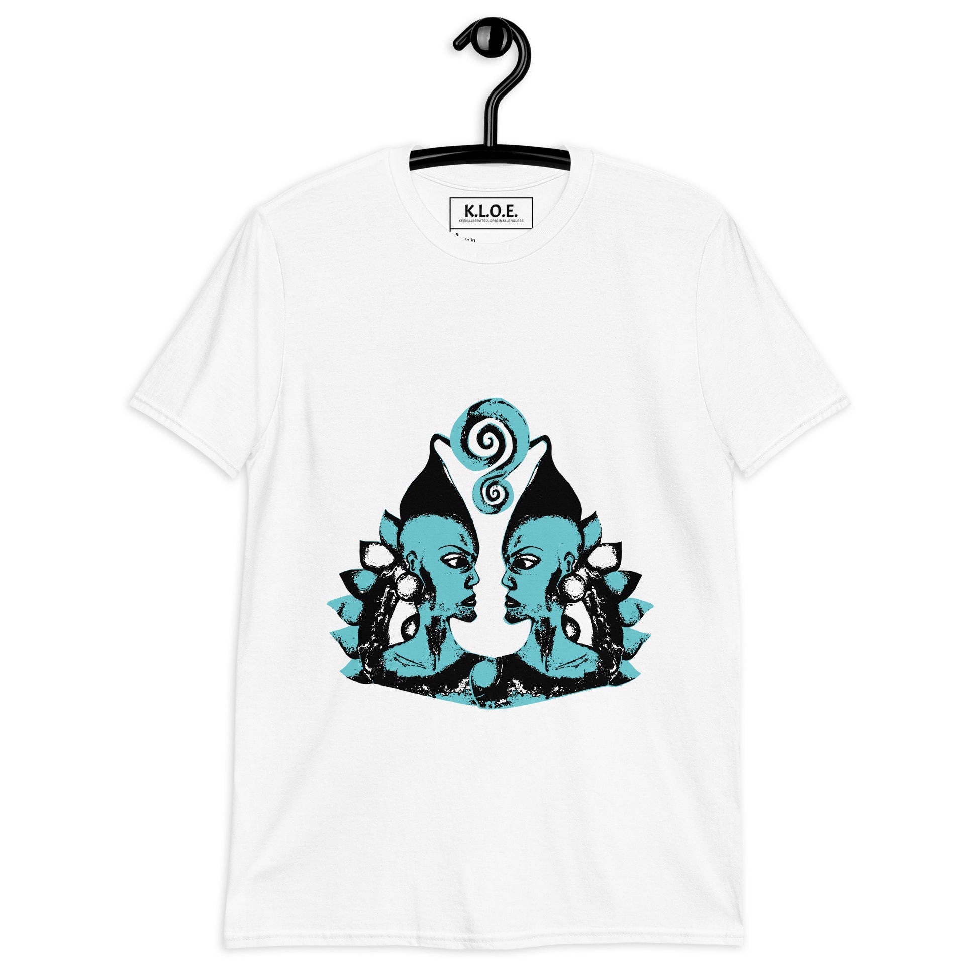 Front of white K.L.O.E. t-shirt, on a hanger, showcasing a hand-drawn design of two mirrored faces in black and teal, embodying culturally inspired, bohemian style fashion focused on individuality and artistic expression.