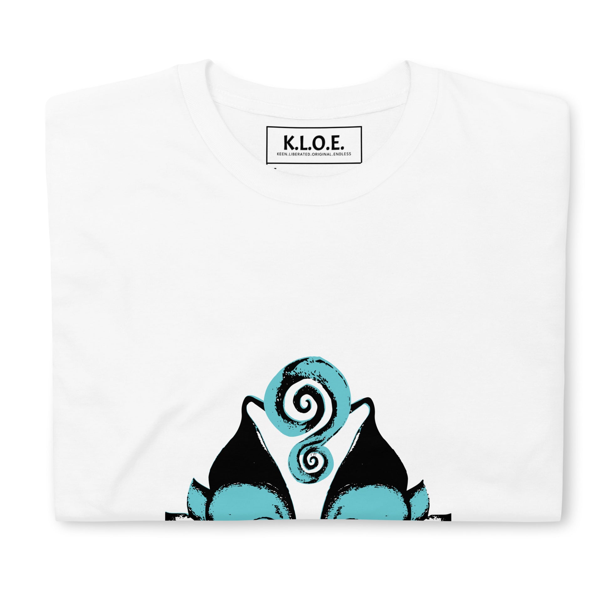 White K.L.O.E. t-shirt showcasing a hand-drawn design of two mirrored faces in black and teal, embodying culturally inspired, bohemian style fashion focused on individuality and artistic expression, detailed view showing the inside label.