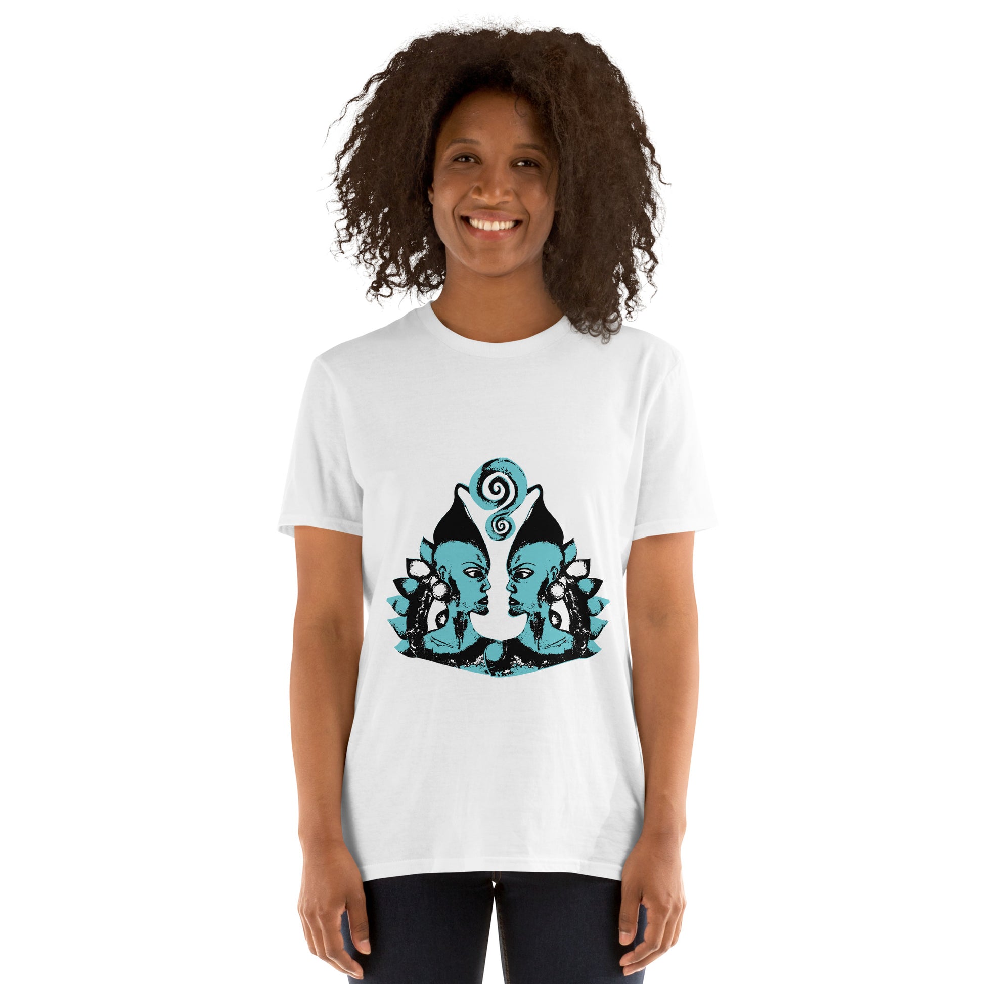 A model wearing white K.L.O.E. t-shirt showcasing a hand-drawn design of two mirrored faces in black and teal, embodying culturally inspired, bohemian style fashion focused on individuality and artistic expression.