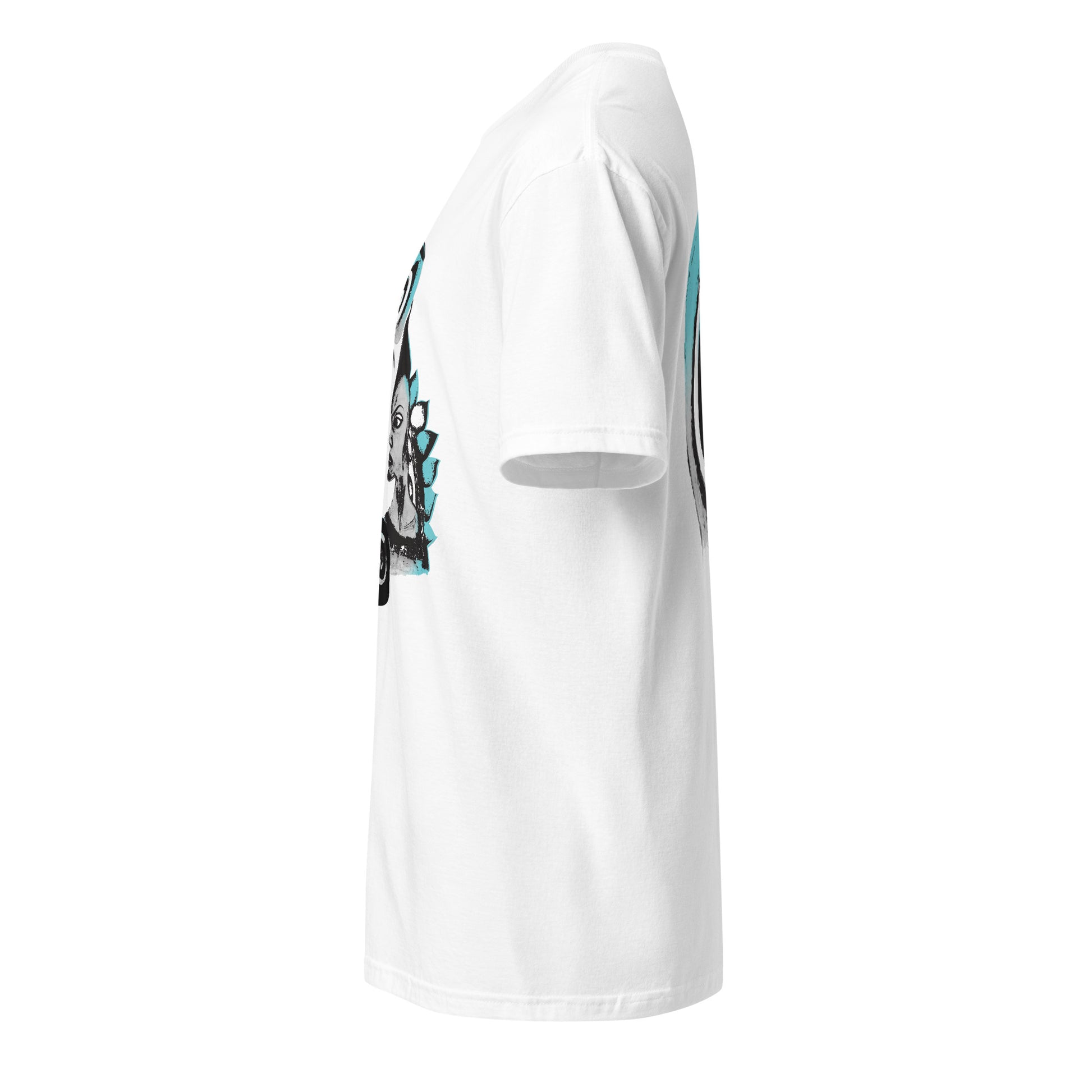 White K.L.O.E. t-shirt featuring a culturally inspired, hand-drawn design of two mirrored faces with bold, artistic details in black and teal, symbolizing self-expression and individuality in bohemian style clothing, side view.