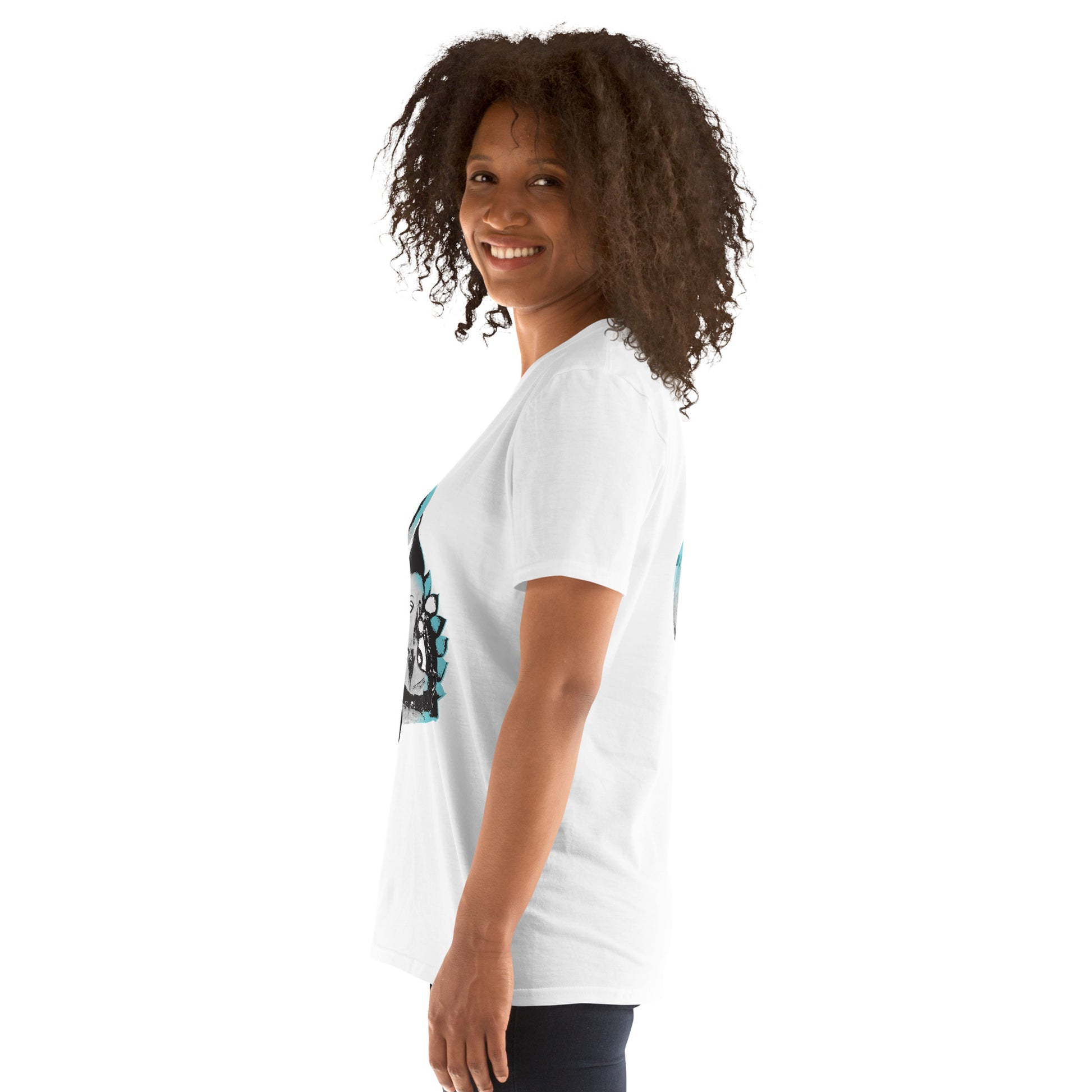 A model wearing white K.L.O.E. t-shirt featuring a culturally inspired, hand-drawn design of two mirrored faces with bold, artistic details in black and teal, symbolizing self-expression and individuality in bohemian style clothing, side view.