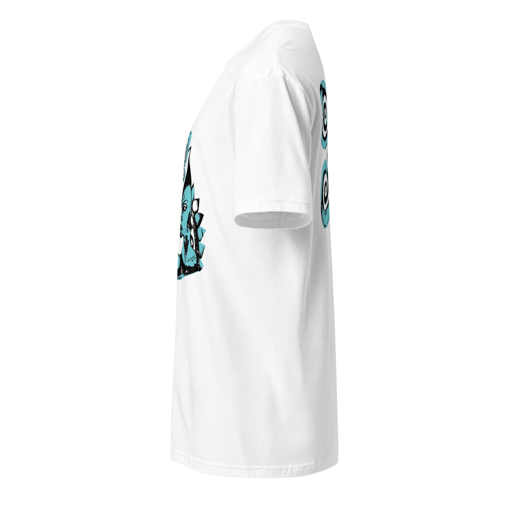 Side view of white K.L.O.E. t-shirt showcasing a hand-drawn design of two mirrored faces in black and teal, embodying culturally inspired, bohemian style fashion focused on individuality and artistic expression.