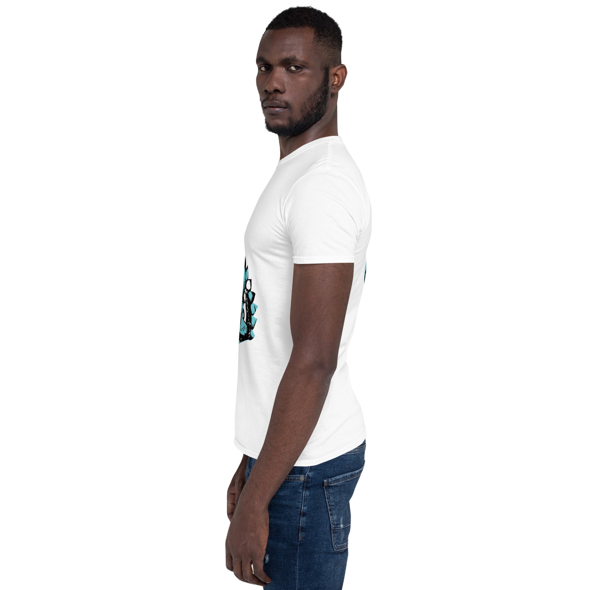 A male model wearing white K.L.O.E. t-shirt showcasing a hand-drawn design of two mirrored faces in black and teal, embodying culturally inspired, bohemian style fashion focused on individuality and artistic expression, side view.